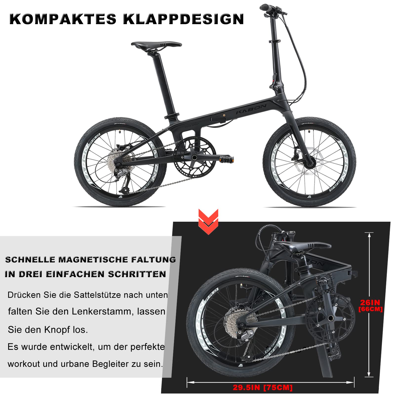 KABON Klapprad 20 Zoll Carbon, 9 Geschwindigkeit Faltrad mit Carbon Rahmen Ultraleichtes Mini Stadtfahrrad Faltrad Klapprad Herren Damen
