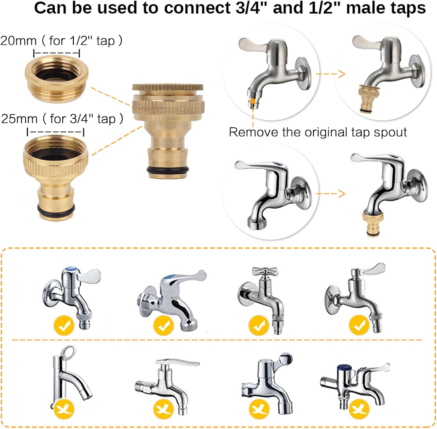 2 Pack Garden Hose Tap Connector, 3/4 & 1/2 inch 2 in 1 Brass Female