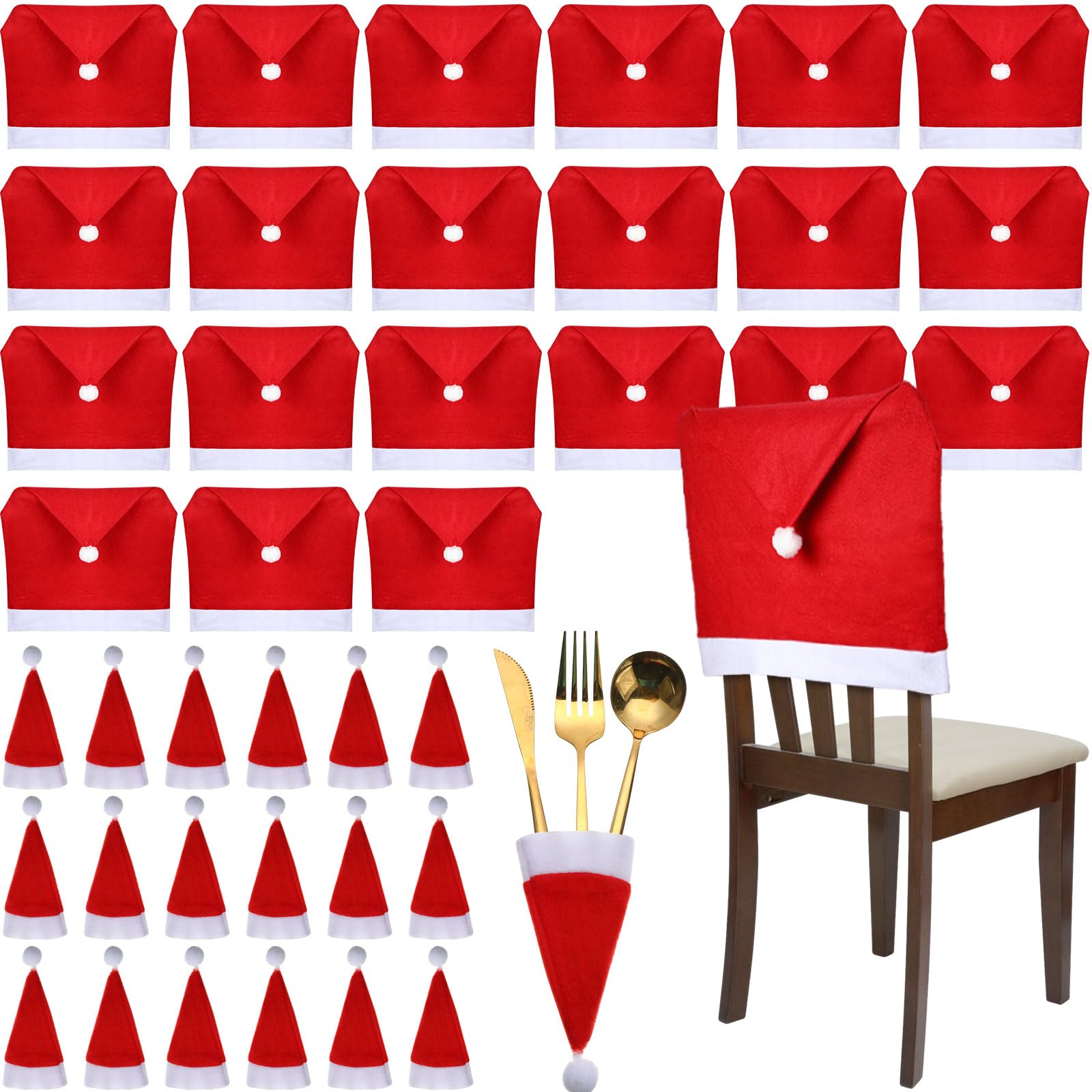 Chumia 48 Pcs Christmas Chair Covers and Santa Hats Silverware Holders Christmas Dining Chair Slipcovers Red Chair Back Covers for Xmas Holiday Party Dinning Room Decoration