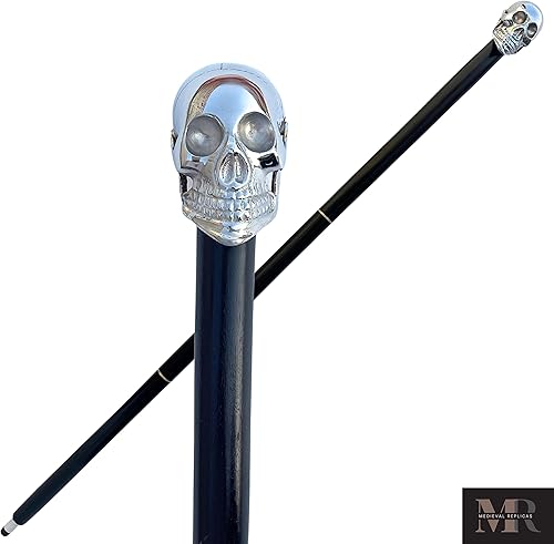 Medieval Replicas Bastón de madera  Calavera niquelado mango de latón plateado  Bastón decorativo de madera, el mejor regalo para hombres y mujeres