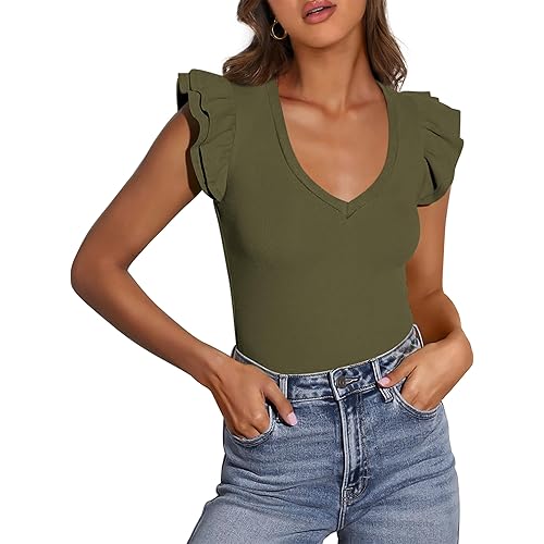 PRETTYGARDEN Womens V Neck Summer Tops Ruffle Sleeveless Slim Fit T Shirts Going Out Casual Blouses 2025