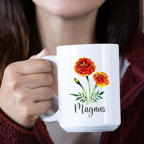 Miniatura 3 de Taza de cerámica de flor de caléndula personalizada, taza de café de flores con nombre personalizado, taza de café de flores lindas para amantes de