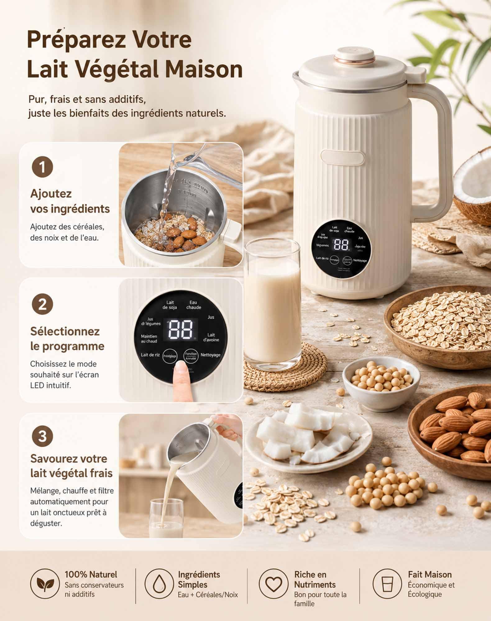 Omalait — Omalait Machine a Lait Vegetal, Fonction D'auto-Nettoyage Et Minuteur Inclut Verre Doseur, Passoire Et Brosse, 18 Recettes Incluses Préparer Des Laits Maison D'amande, D'avoine Et De Soja