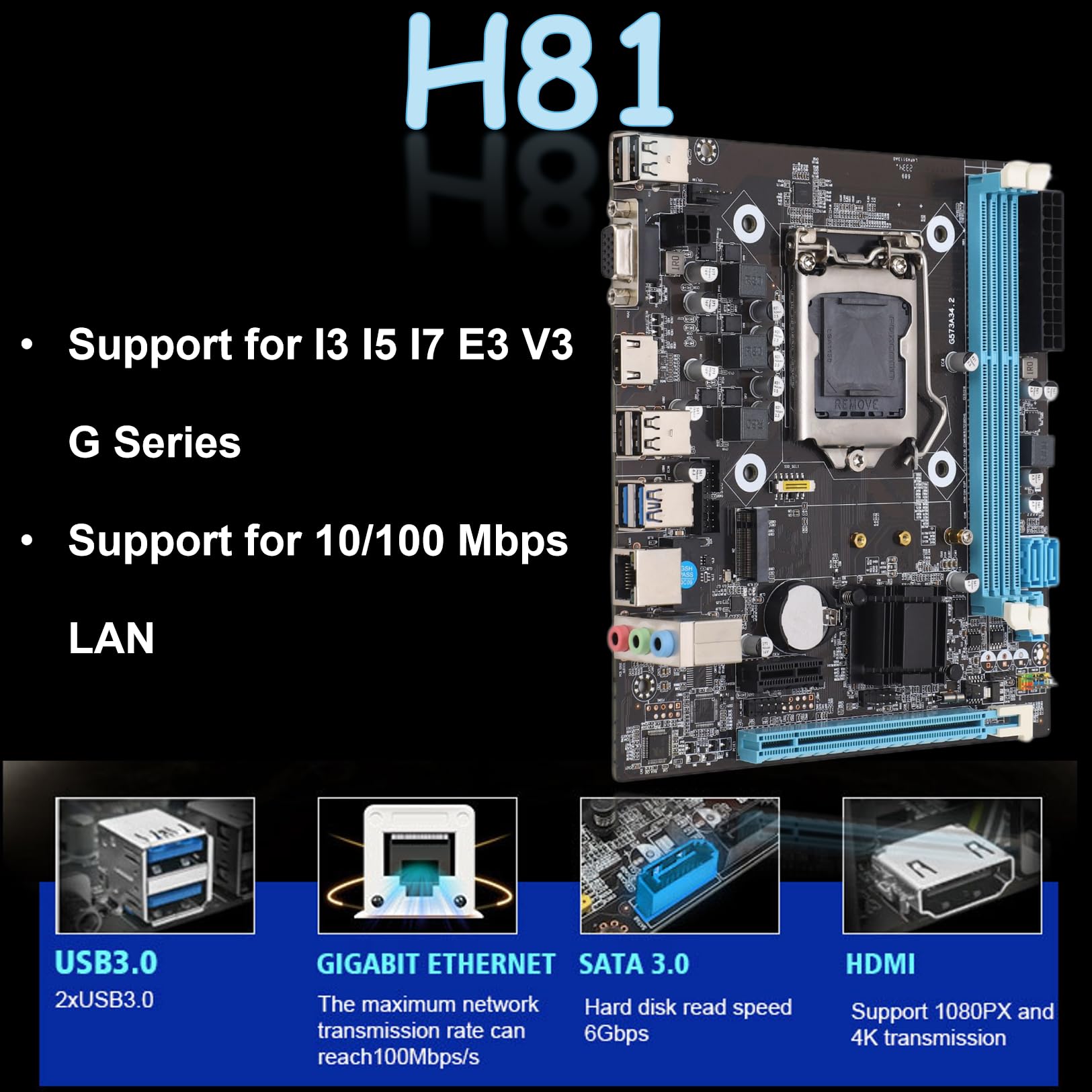Placa Base para Juegos H81, Placa Base para PC 6Gb/s LGA 1150 de Alta Velocidad para PC de Escritorio
