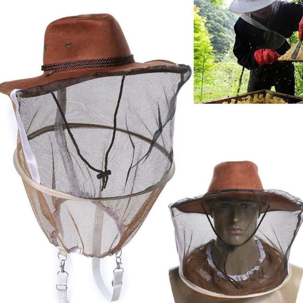 Levemolo Cappello da Ape Protettivo con Velo a Rete Traspirante e Guanti da Apicoltore Copricapo Integrale con Maschera e Cordoncini di Fissaggio per Apicoltura e Attività All’Aperto