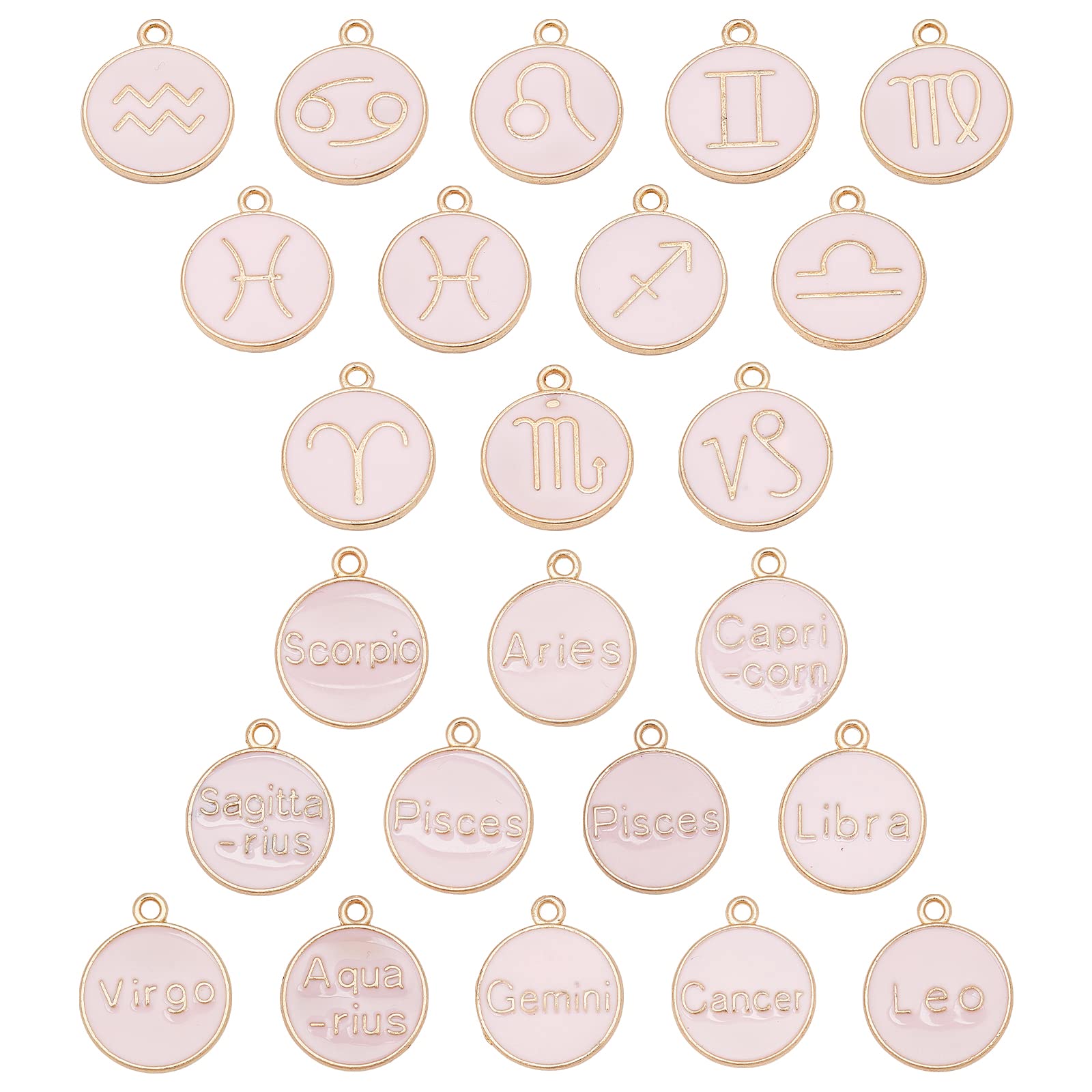 SUNNYCLUE 1 BOX 48Pcs 12 Styles Zodiac Charm Flat Round Twelve Constellation Alloy Enamel Virgo Scorpio Libra Leo Sign Pendants Gold Plated for Jewelry Making Charms Bracelets Findings, Pink