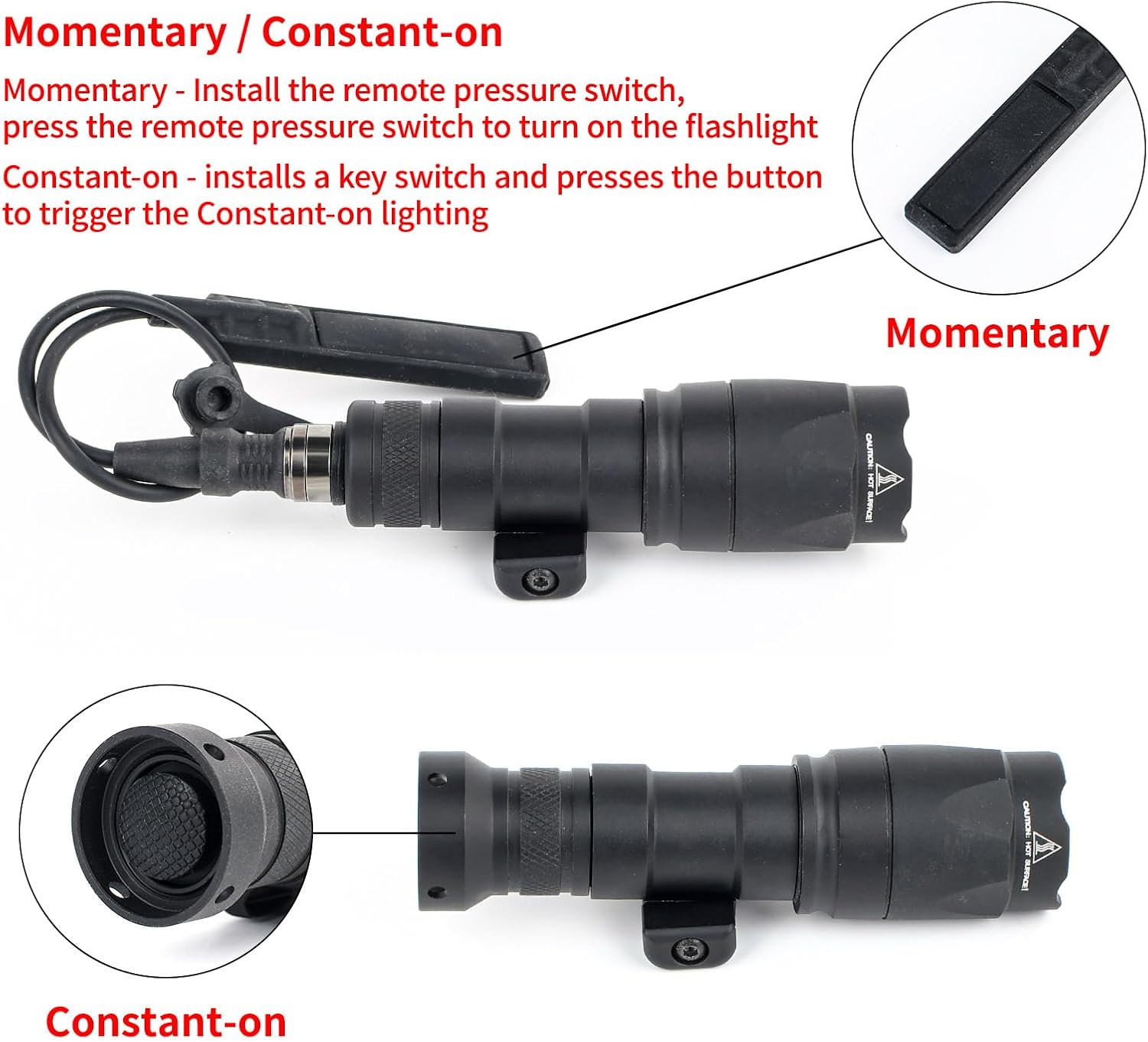 600 Lumens Tactical Flashlight with Replaceable Rotating Base, Momentary/Constant-on, Fit for 20mm Picatinny & Mlok/Keymod Rail,with Remote Pressure Switch