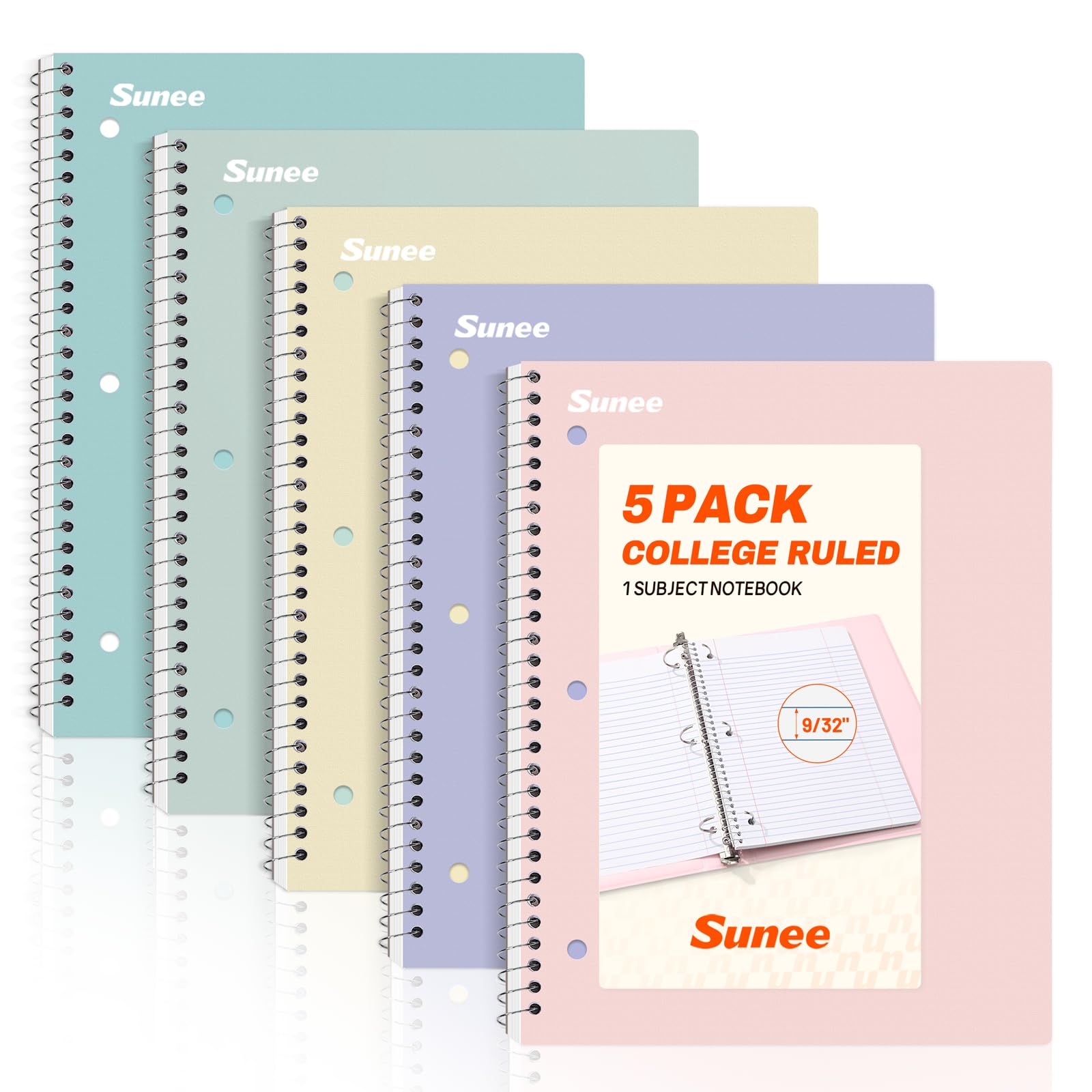 SUNEE Spiral Notebooks, 1-Subject, 5 Pack, College Ruled Paper, 8" x 10-1/2", 70 Sheets per Notebook,3-Hole Punched Paper, Pink,Purple, Blue, Green, Yellow Spiral Lined Notebooks for School,Work