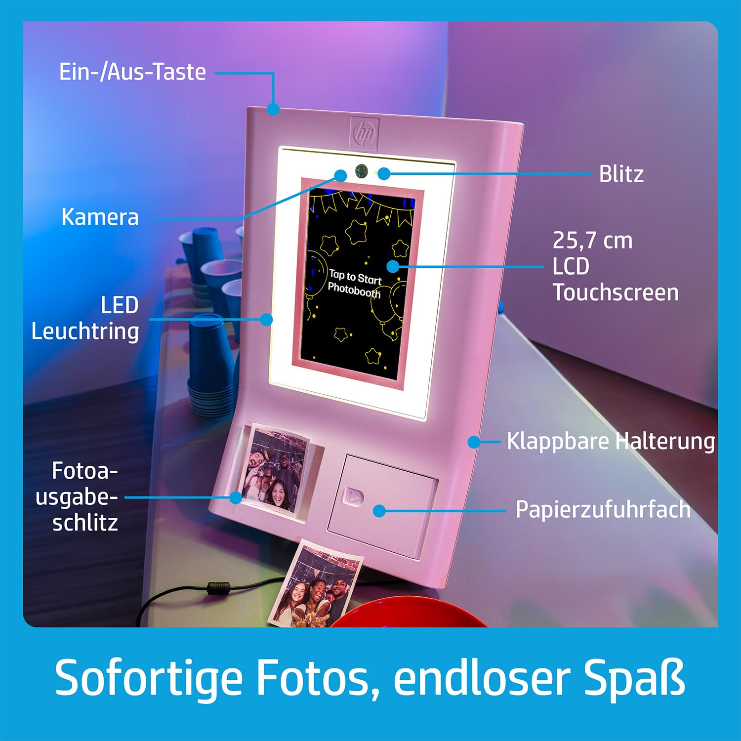 HP Sprocket Photo Booth Sofortbild-Farbfotodrucker, 10,1" (25,6 cm) Touchscreen, Ringlicht, individuelle Rahmen, 3 x 4 (7,6 x 10,1 cm) Zink-Fotopapier, Rosa.