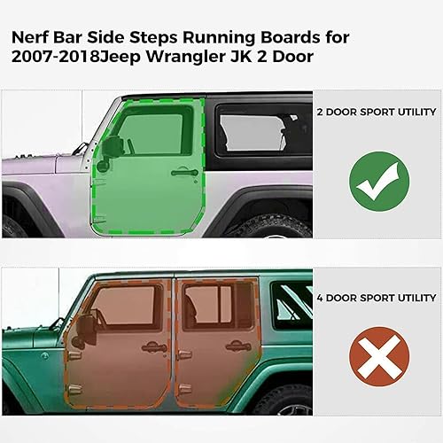 Miniatura 4 de HECASA Estribos laterales compatibles con Jeep Wrangler JK 2007-2018 de 2 puertas, 550 libras, capacidad de 52.6 pulgadas, barras Nerf de acero