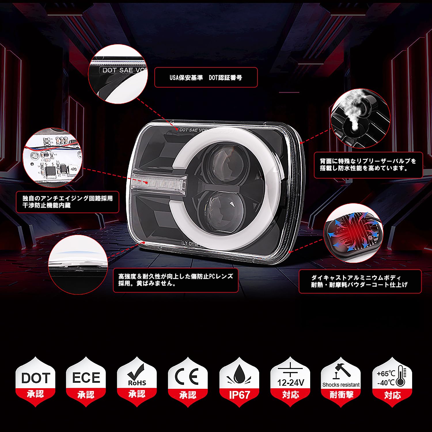 Amazon | LED ヘッドライト 5×7インチ 角2灯 typeC 12V 24V対応 | 車検