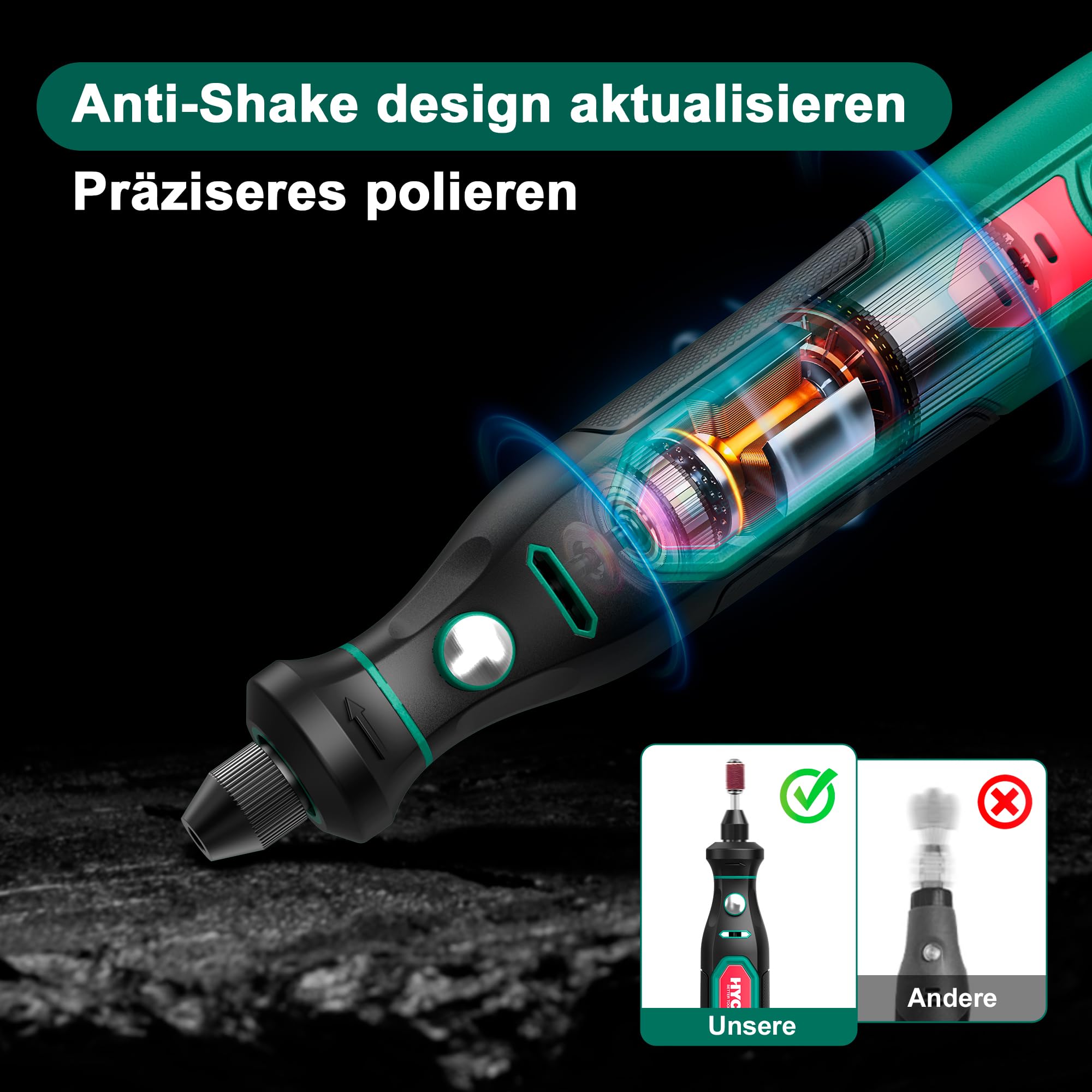 HYCHIKA 3,6V Akku Multifunktionswerkzeug Kit - 77-teiliges Zubehör für Bohren, Schleifen, Polieren, Gravieren，Mini Rotationswerkzeug mit regelbarer Geschwindigkeit und USB-C-Ladung.