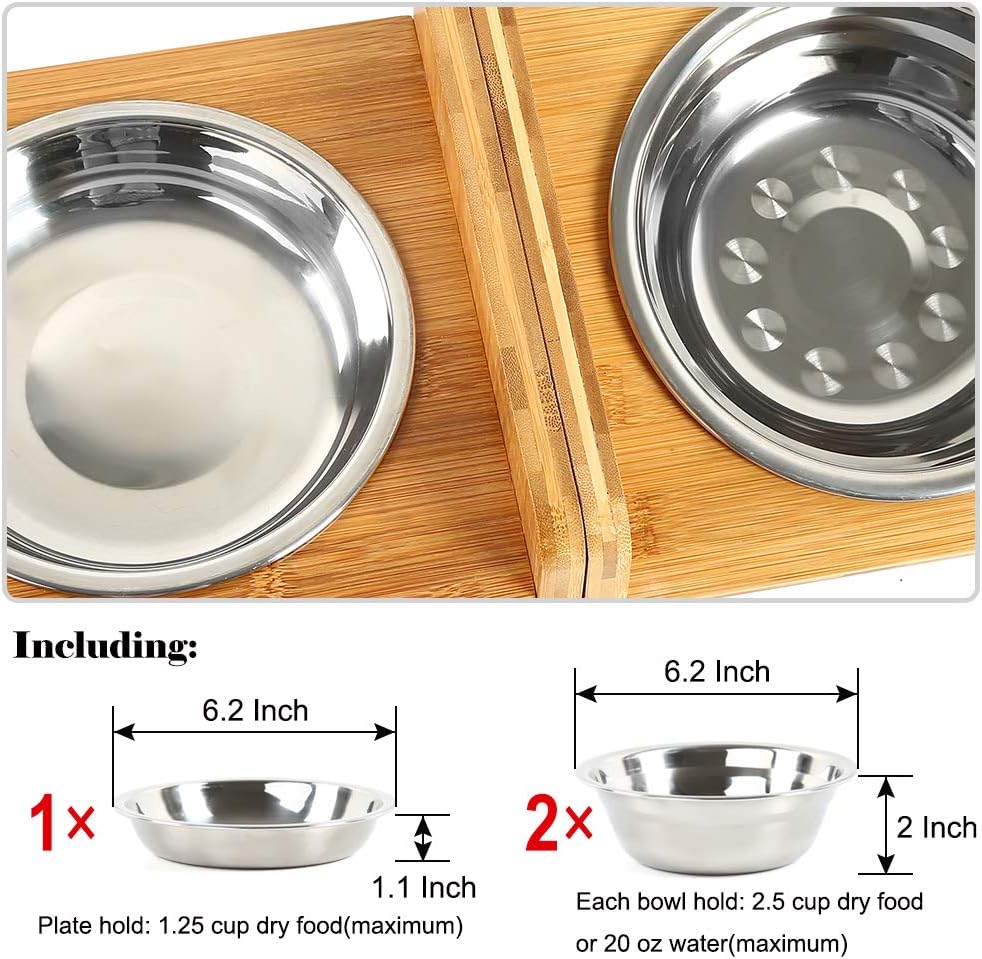 Small Elevated Bamboo and Stainless Steel Pet Bowls