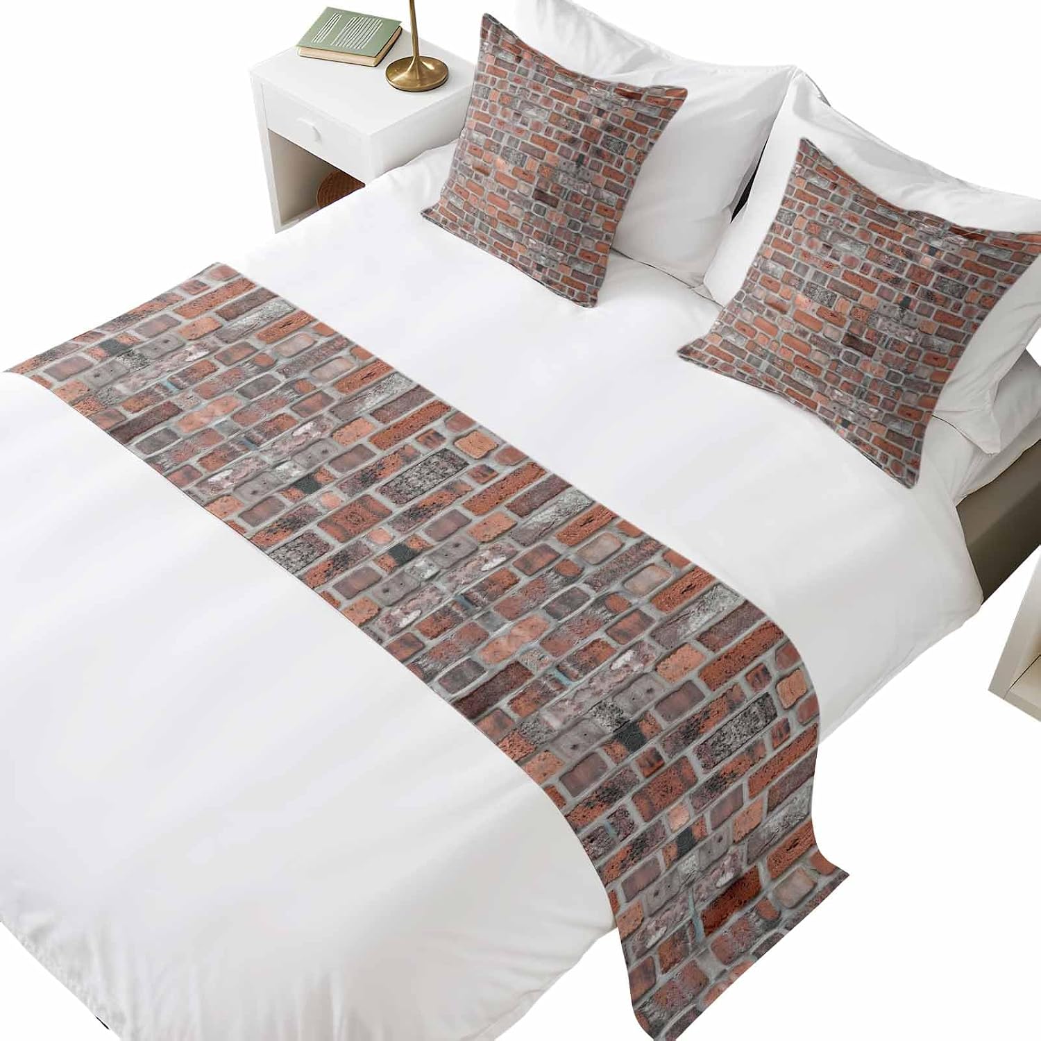 Red Bricks Designer Bed Runner Set, Stone Wall Art Retro Abstract Vintage 83x20in Bed Scarf with 2pcs Double-Sided Decorative Pillows Easy Care Bedding Scarves for Home Hotel Bedroom Decor