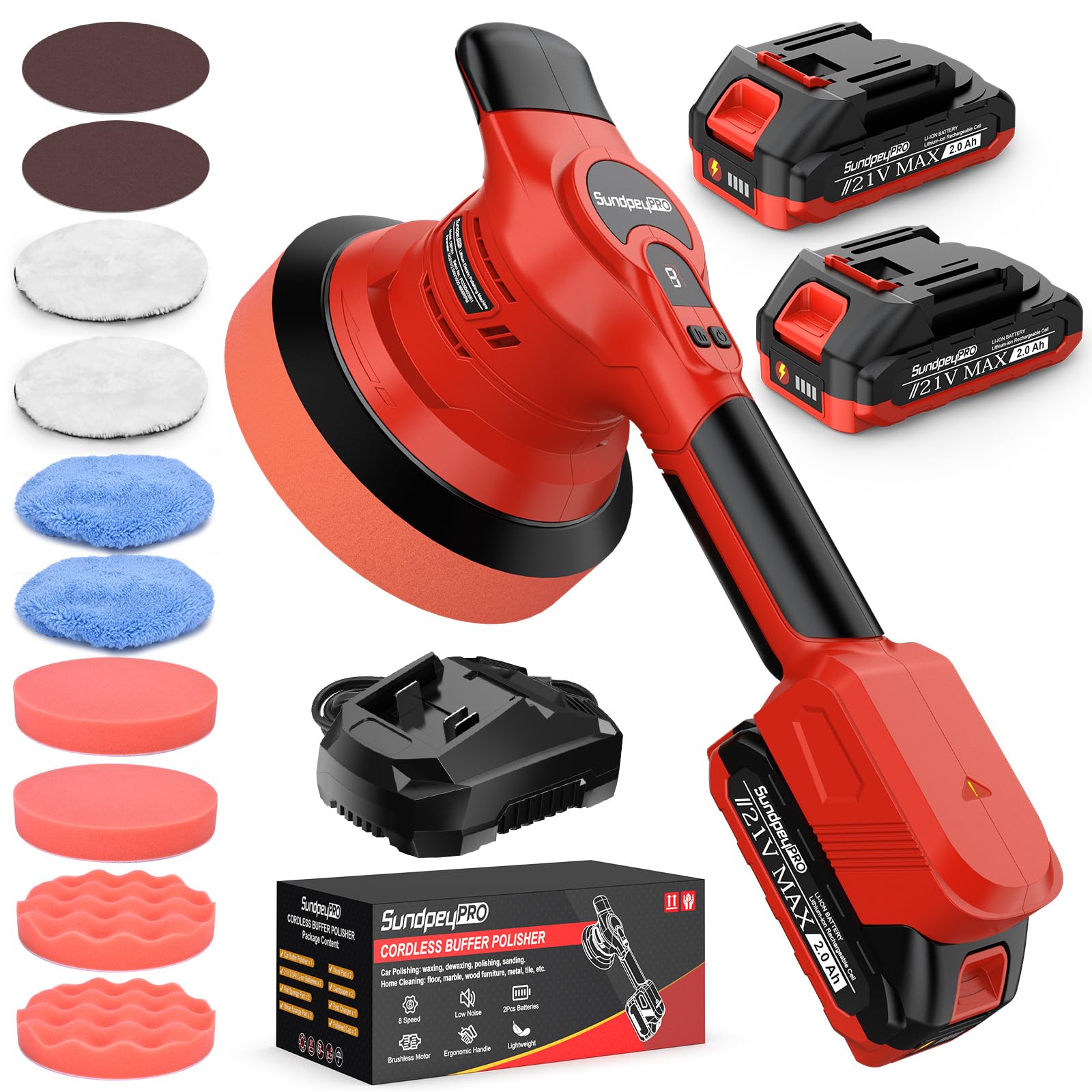 Pulidora de Coche Inalámbrica Brushless - 21V Pulidora Orbital Coche con 8000 RPM, 8 Velocidades, 2 Baterías, Cargador Rápido, Pulidora Coche 6" para Encerado, Pulido y Eliminación de Rayas