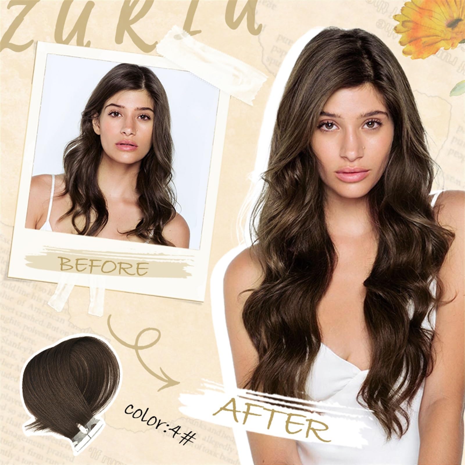 Cinta Adhesiva de Trama de Piel de PU for Extensiones de Cabello con Cinta Adhesiva de salón, Cabello Humano Real, 100% Remy, Natural, 12/16/20/24 Pulgadas, Liso(20 Inches)