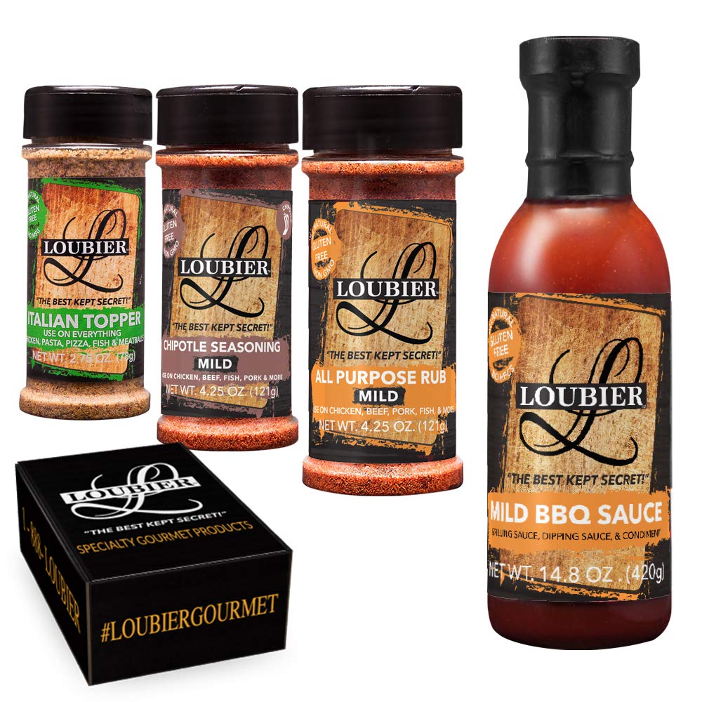 LoubierBBQ Sauce & Dry Rub Sampler Gift Box- Top-tier Barbecue Sauce Duo w/Italian Topper & Chipotle Seasoning, Natural & Organic, Unique Flavors for Meat & Veggies, Gluten-Free, Made in USA - Mild
