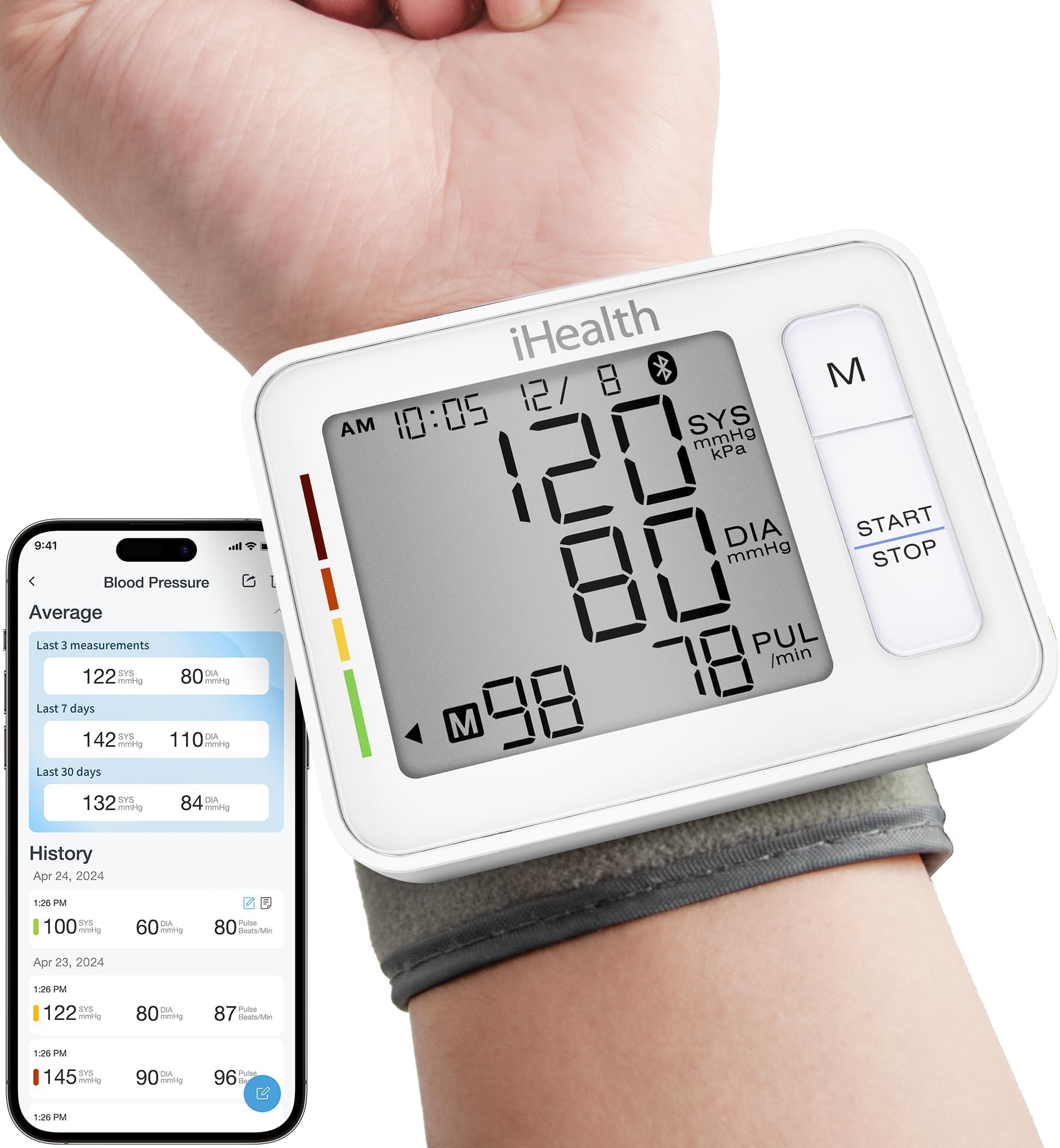 iHealth Push Wrist Blood Pressure Monitor, Bluetooth Smart BP Machine with App, Clinically Validated, Large Digital Display & Travel Case, High Accuracy for Home Use, Cuff Fits 5.5"-7.75"