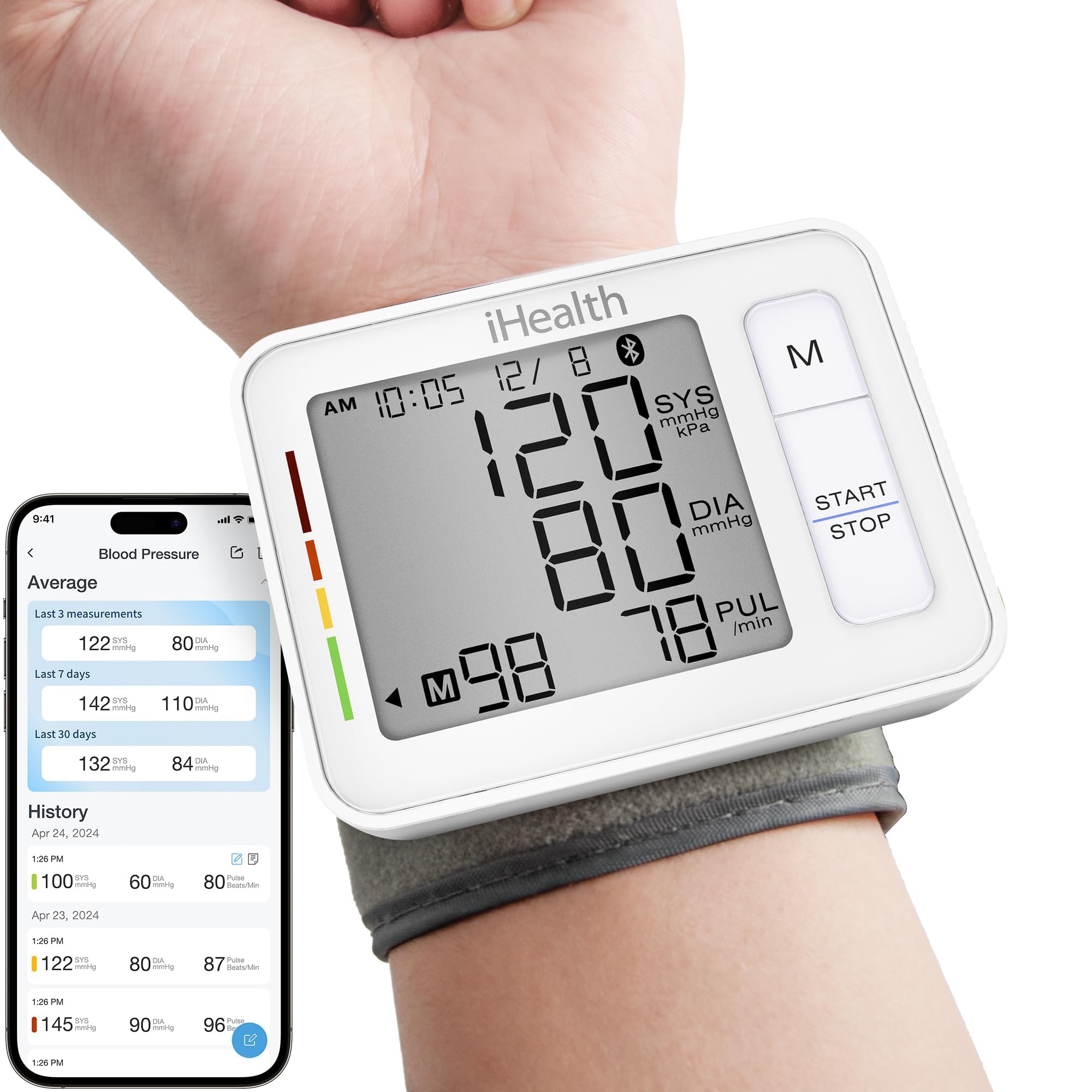 iHealth Push Wrist Blood Pressure Monitor, Digital Bluetooth Blood Pressure Machine with Large Display and Portable Carrying Case for At Home and Travel Use