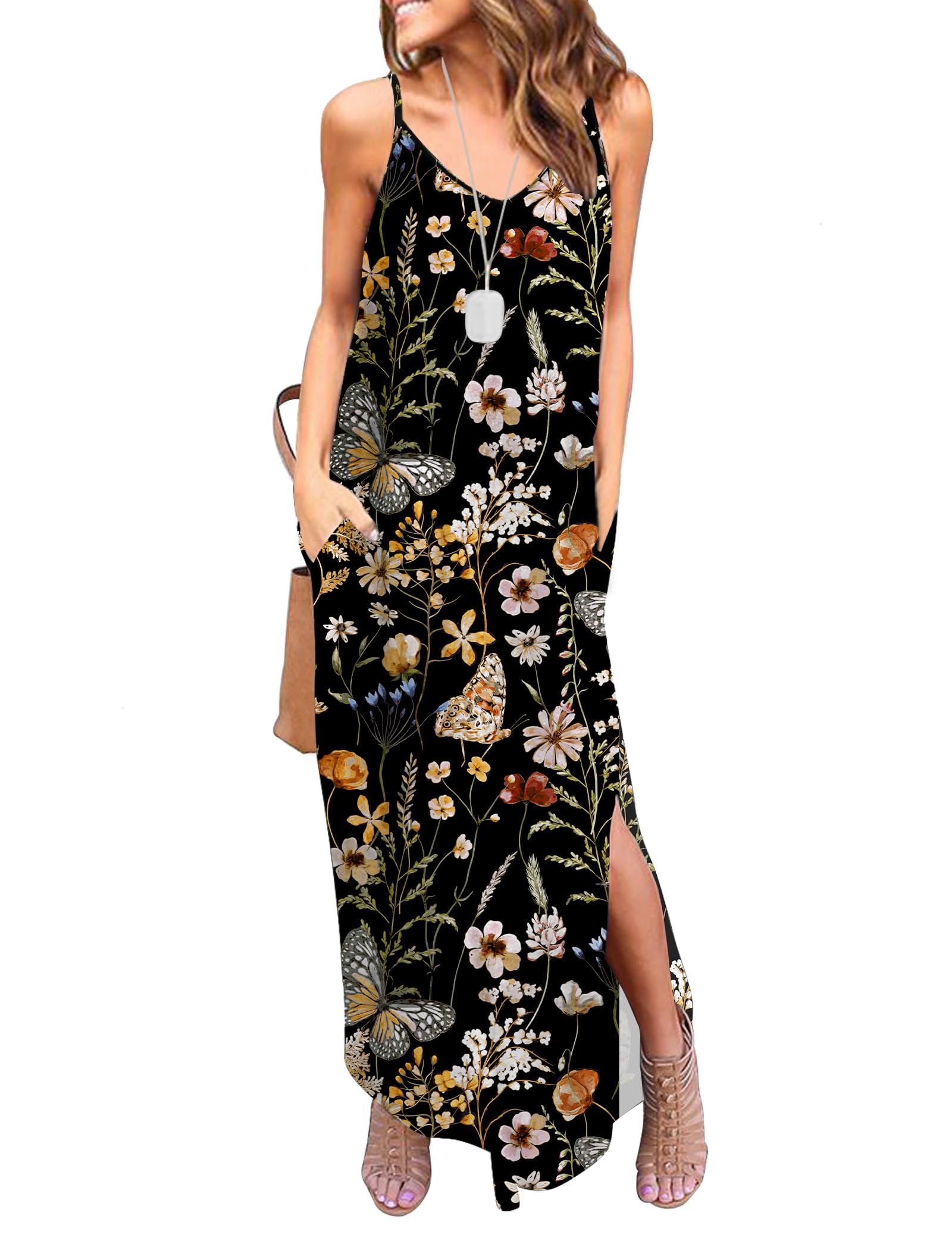 HUSKARY Womens Summer Casual Sleeveless V Neck Strappy Split Loose Dress Beach Cover Up Long Cami Maxi Dresses