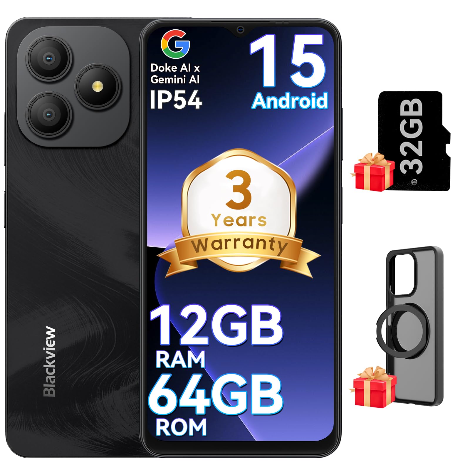 Blackview Wave 9C Unlocked Android Phones, Android 15 Cell Phone Unlocked, 6.56" Smart Phones, T-Mobile Phone, 12+64GB/2TB，13MP+8MP，5000mAh，Fingerprint/Face ID, Black