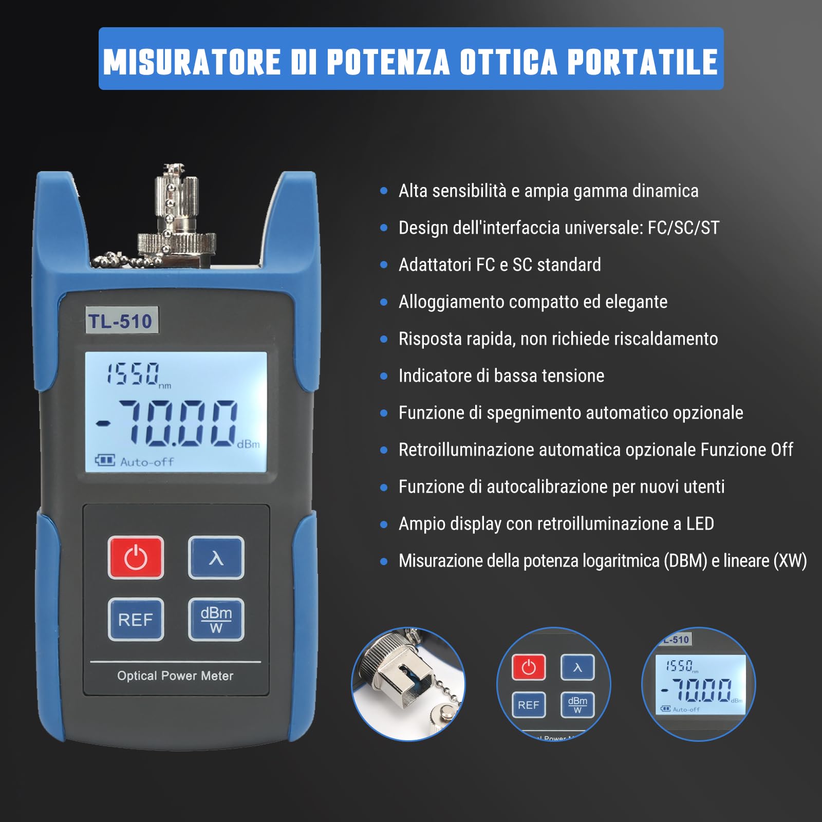 Tester elettrico TL510 misuratore di potenza ottica, rilevatore di potenza ottica con strumento di misura ad alta precisione -70~+10dBm