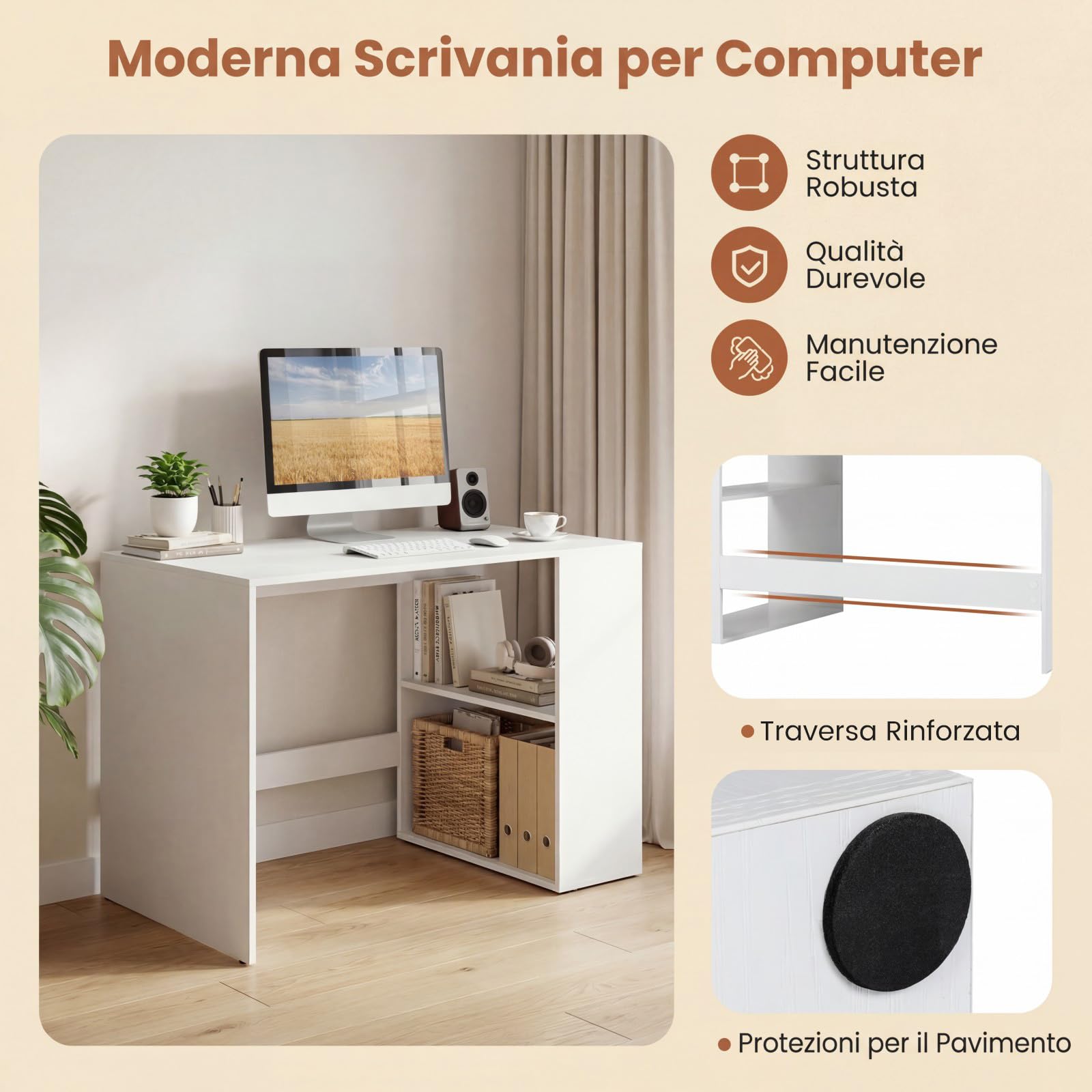 COSTWAY Scrivania Ufficio con Libreria Laterale a 2 Ripiani e Ampio Piano, 112 x 60 cm Scrivania Gaming in Legno, Scrittoio per Computer Salvaspazio per Studio, Soggiorno e Ufficio (Bianco)