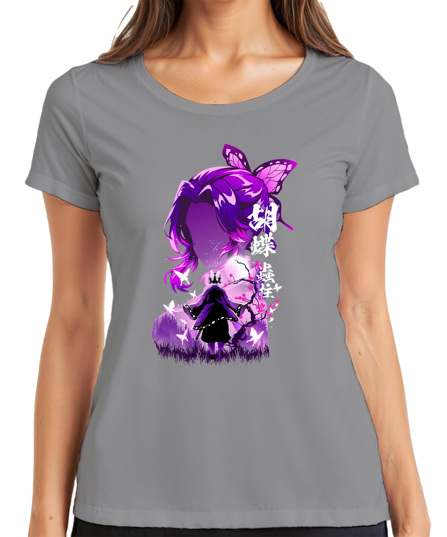 Kimetsu no Yaiba Shinobu Kocho Demon Slayer Butterfly Purple Women's T-Shirt, gray, M