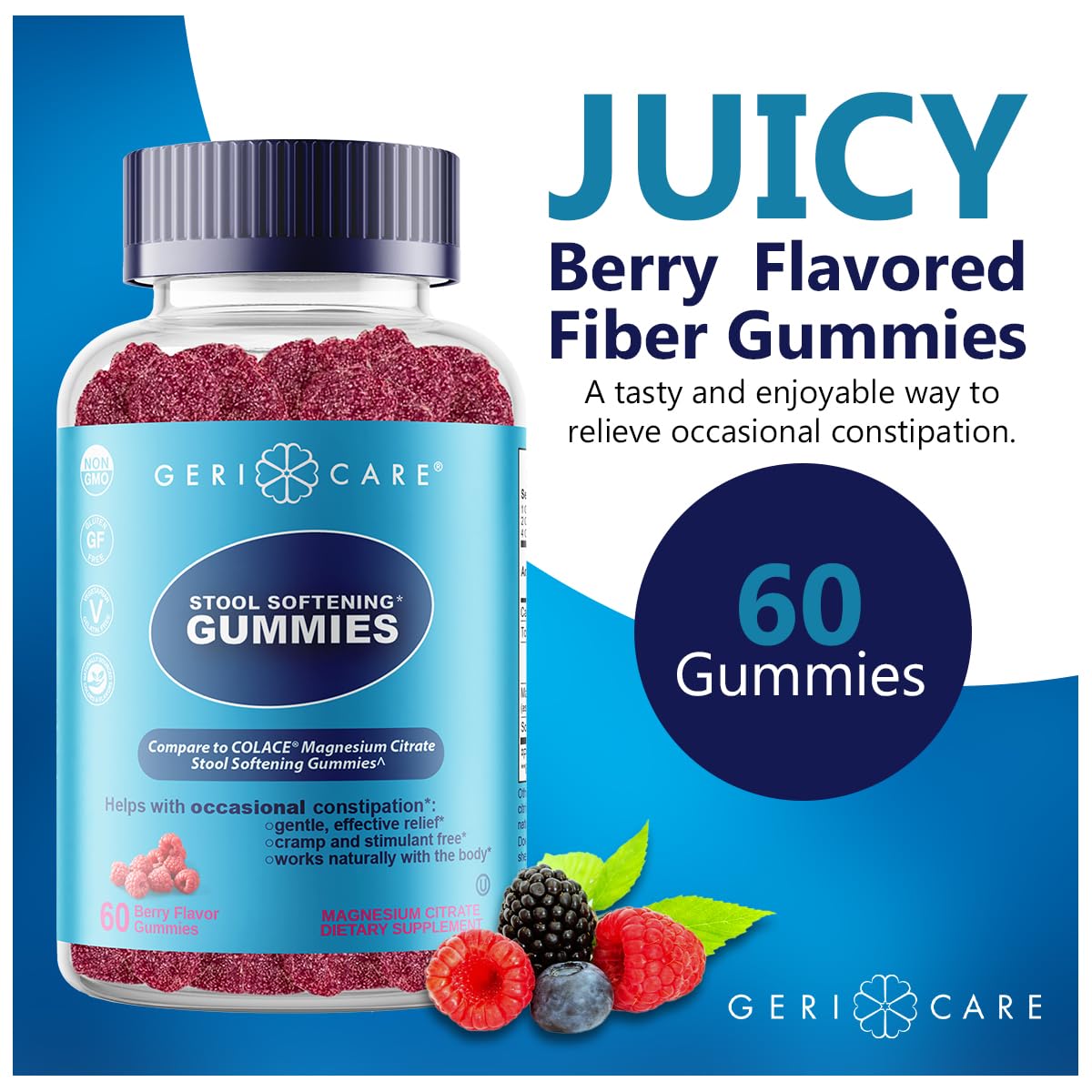 GeriCare Stool Softener Gummies, Compare to Colace Stool Softener Gummy, Magnesium Citrate Laxative, Vegan, Gluten-Free, Berry Flavor, for Gentle Constipation Relief & Digestive Health, 60 Count (1pk) — Amazon image 2