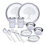 Limetro Steel Stainless Steel Dinner Set for 2 Persons | Complete Indian Thali Set with Plates, Bowls/Katori, Glass, Spoon & Fork | Tree Design Steel Dinnerware for Home (Set of 12- Serves 2)