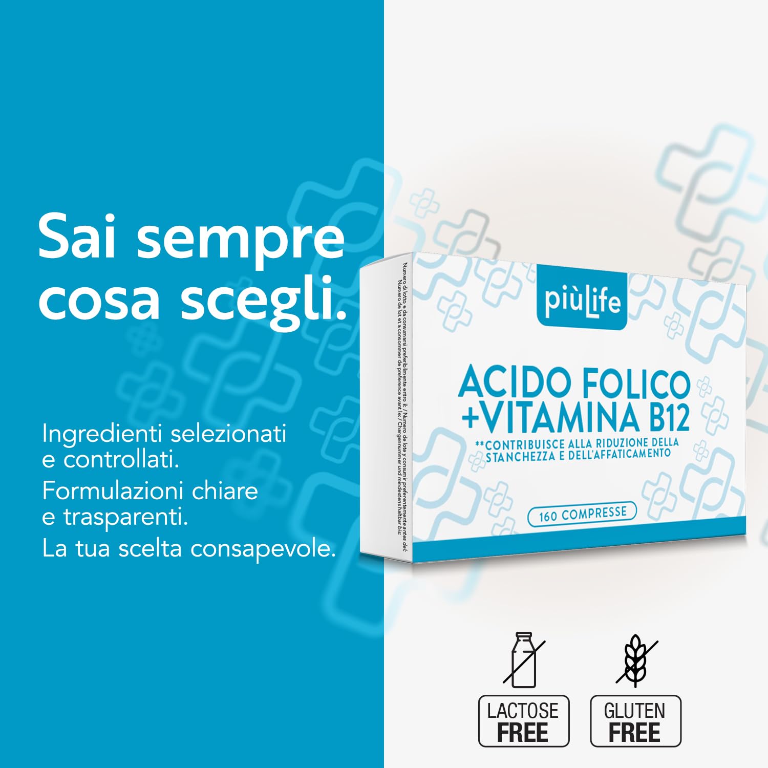 Acido Folico 400 μg Con B12 160 Compresse PiùLife, 1 Al Giorno, Folina Integratore Acido Folico E Vitamina B12, Energia Contro Stanchezza E Affaticamento, Mamma