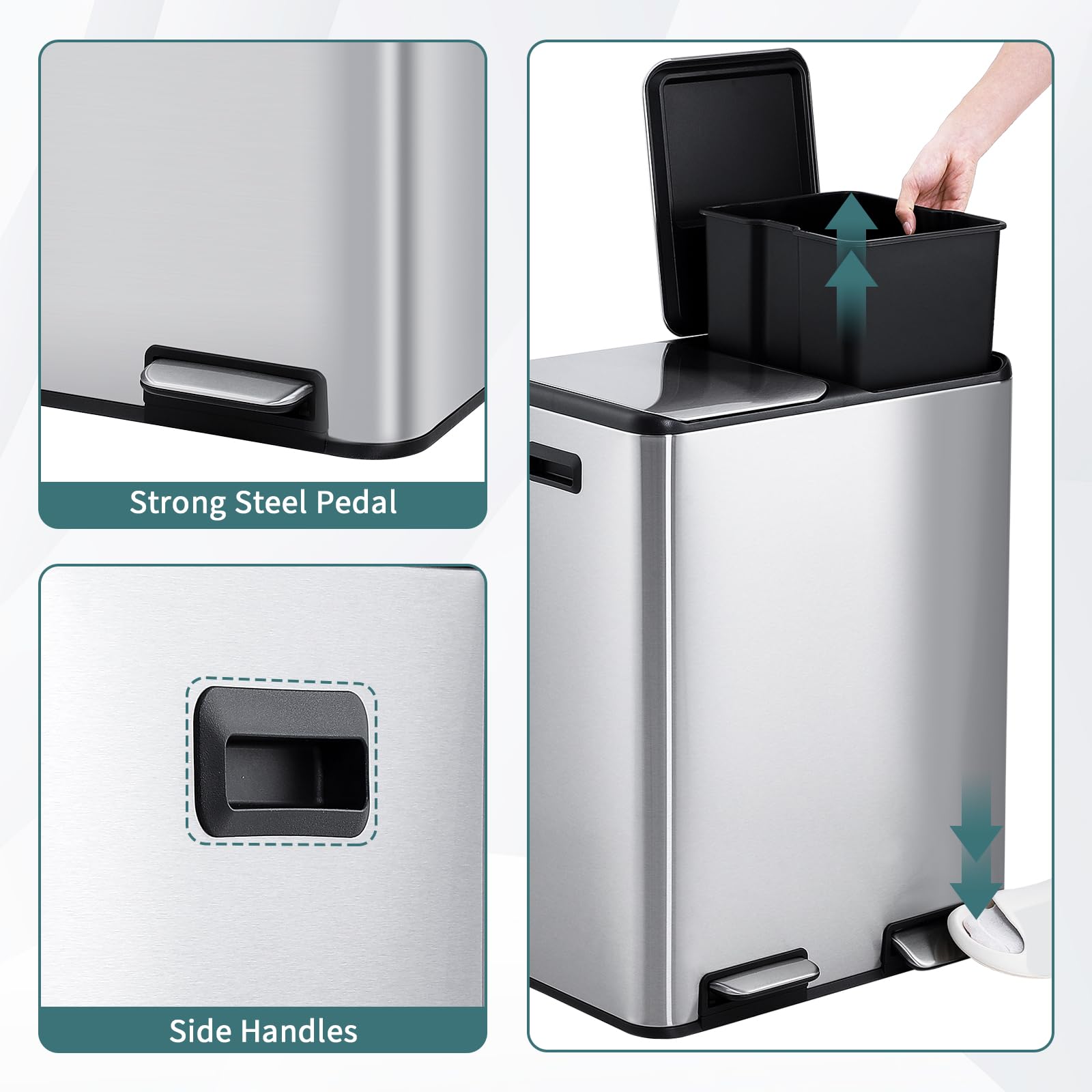60L Mülleimer Küche – 2 x 30L Edelstahl Tretmülleimer mit Doppeldeckel – Mülltrennungssystem, Soft-Close, geräuscharm & berührungsfrei, für Abfall & Recycling im Haushalt, 60L 2*30L double bin kitchen