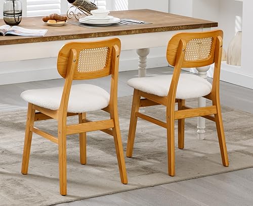 Vista 76 de EALSON Juego de 2 sillas de comedor de ratán, tapizadas de cuero, sillas de cocina de madera modernas de mediados de siglo, sillas laterales sin