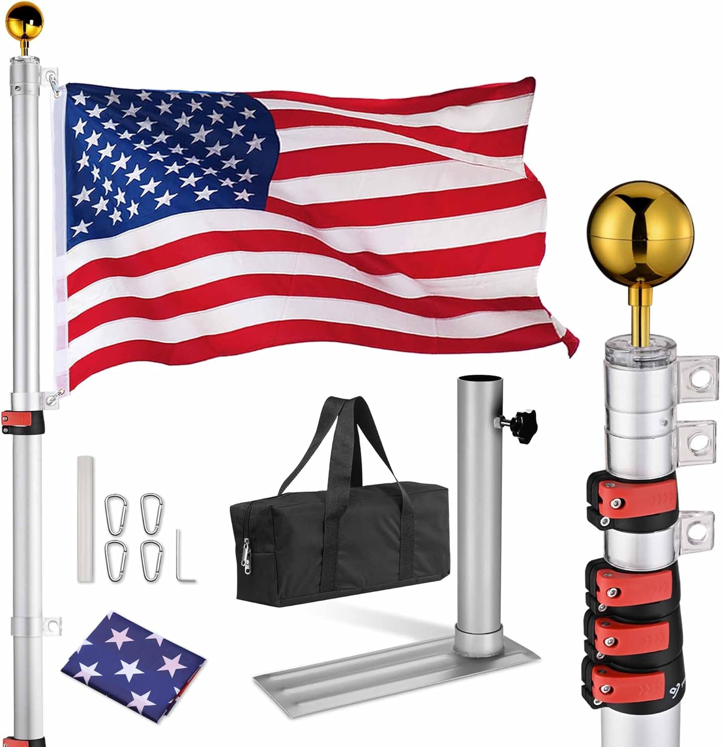 Yescom EZ GO 25ft Portable Telescopic Tailgate Flag Pole Kit with Anti-Sway Tire Mount & Carry Bag for RV Camping with US Flag Ball Top, Outdoor Telescoping Flagpoles Silver