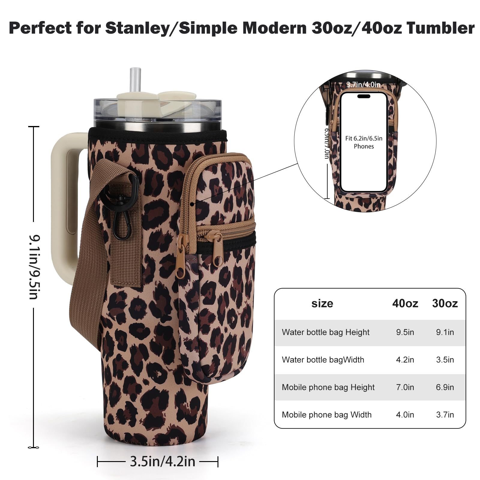 GOEWY Leoparden-Wasserflaschen-Tragetasche für Stanley 1,2 l Becher mit Handyfach, Wasserflaschenhalter mit Gurt, Neopren-Wasserflaschen-Tasche für Stanley Cup-Zubehör