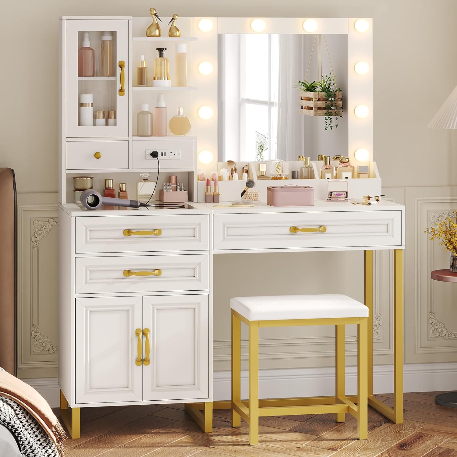 BTHFST Makeup Vanity Desk with Mirror and Lights & Charging Station & Makeup Stool, Vanity Table Set with Glass Top Storage Drawer & Beach & 3 Shelves for Bedroom (Modern White & Gold)