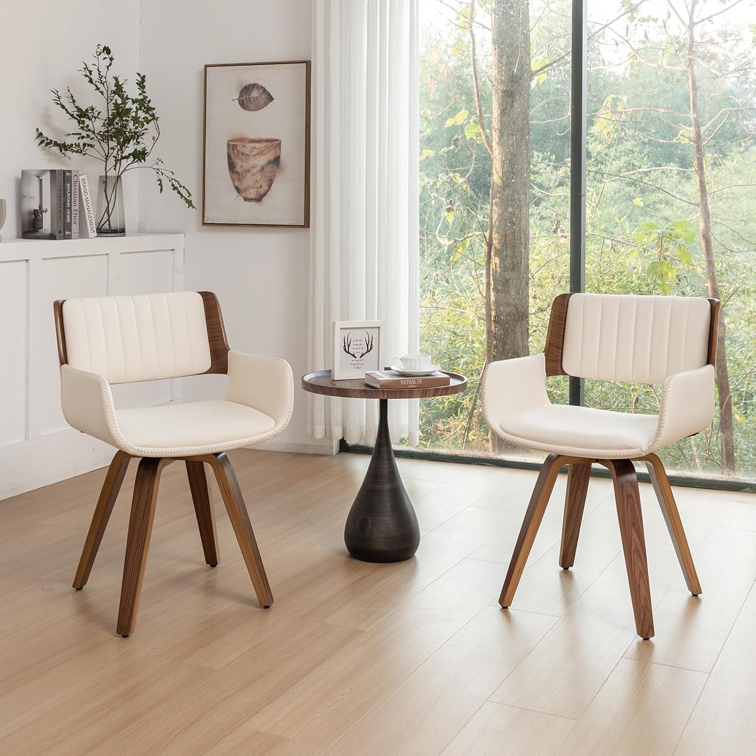 LUNLING Swivel Accent Faux Leather Dining Chairs Set of 2 Mid Century Modern Chairs with Wooden Legs/Armrest/Upholstered Seat/Adjustable Foots for Kitchen Dining Room Desk Chairs Green PU