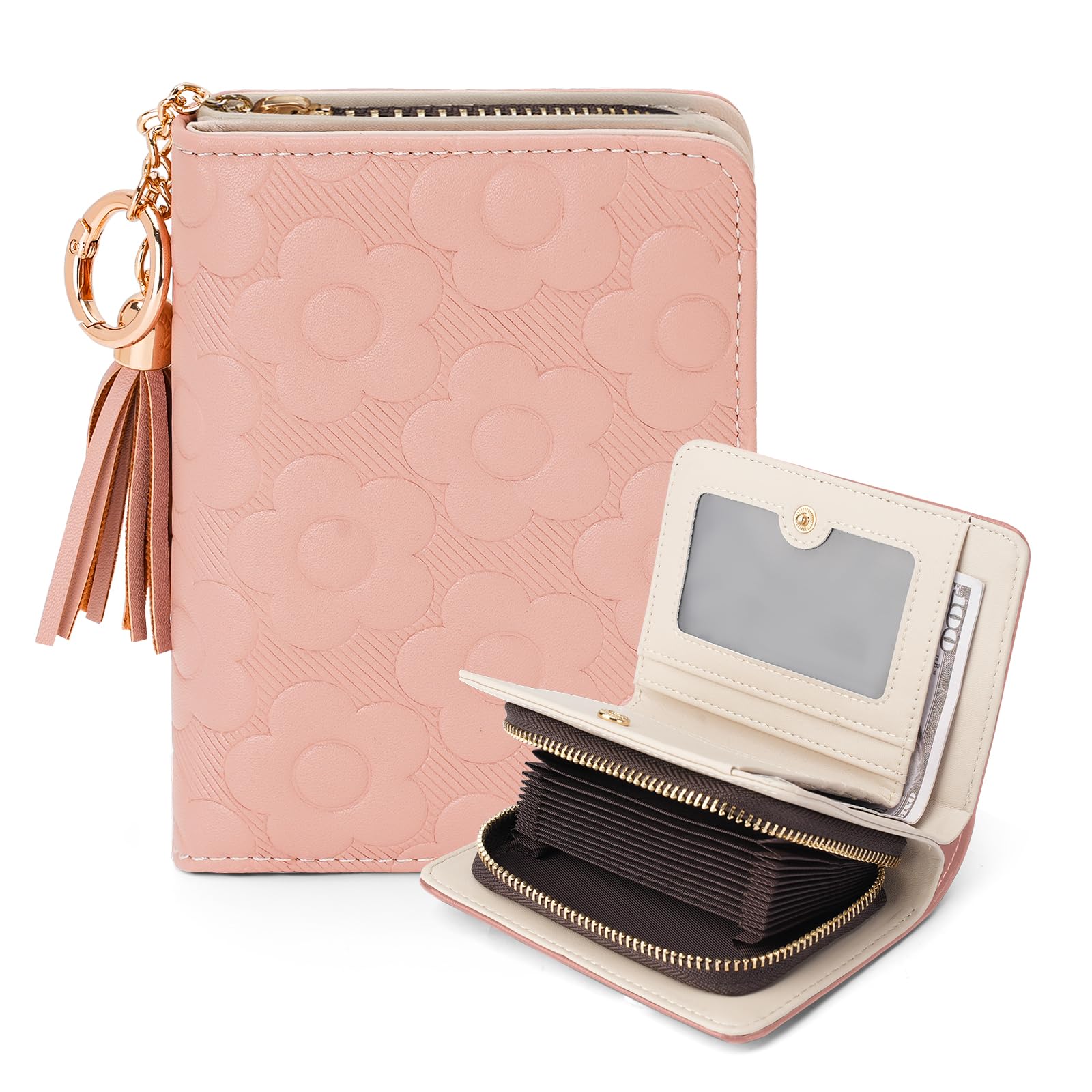 VIMUTI RFID Blocking Wallet Women Cute Embossed Floral Leather Credit Card Holder Wallet for Women with Tassel Accordion Purse Bifold Ladies Small
