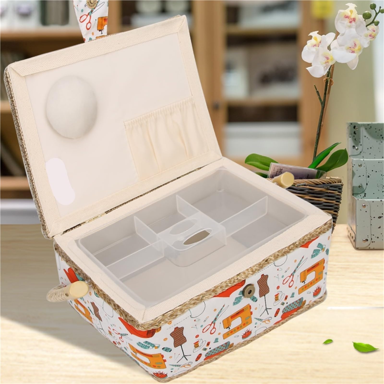 Cesta de costura grande, cesta vintage for agujas, hilo, cinta métrica y otros suministros, caja almacenamiento Para Hogar(StyleA)