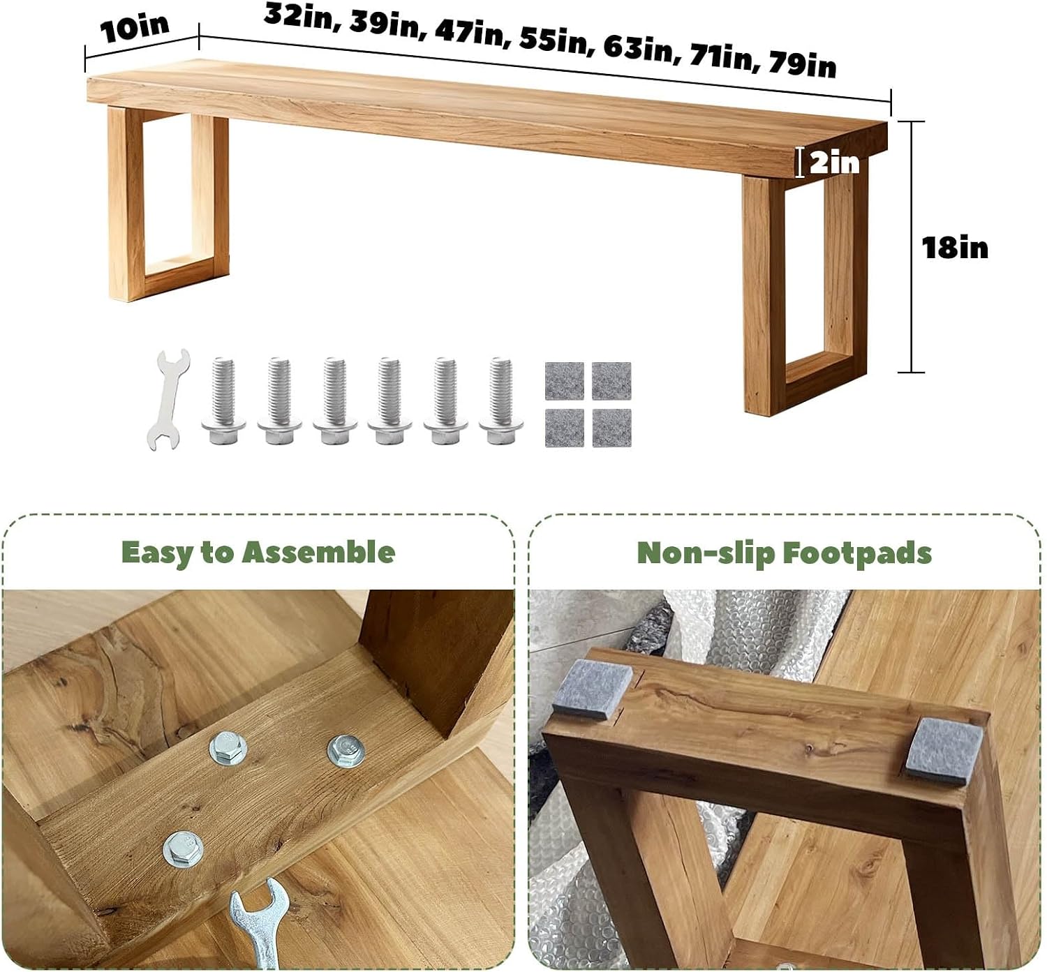 Narrow Farmhouse Bench Skinny Wooden Entryway Long Bench 32" 39" 47" 55" 63" 71" 79" Rustic Indoor Benches for Hallway Kitchen Dining Bedroom End of Bed Easy Assembly Natural Finish(32x10xH18")