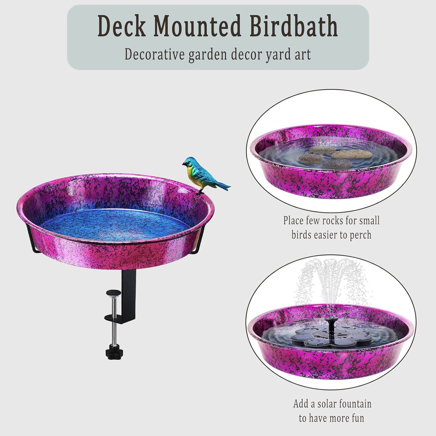 Metal Deck Bird Bath for Balcony Railing, Metallic Purple & Blue 11.5” Bathing Bowl & Feeder with Adjustable Steel Clamp Outdoor Garden Decor Yard Art (0.7 Gallon)
