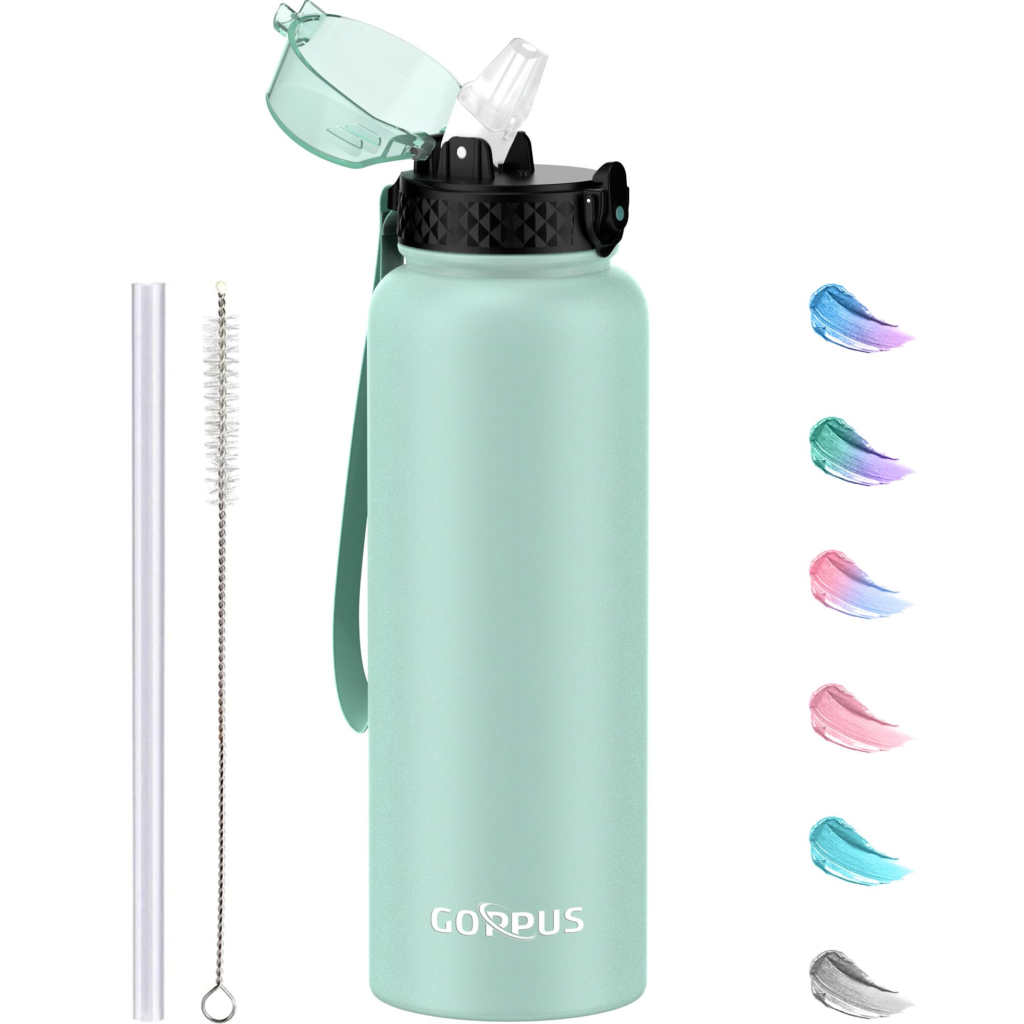 GOPPUS 1.2L/40oz Stainless Water Bottle with Straw Double Wall Insulated Bottles with Strap Large Vacuum Thermal Flask Leakproof Keep Cold Drinks Bottles with Flip Top Lid for Men Women BPA Free