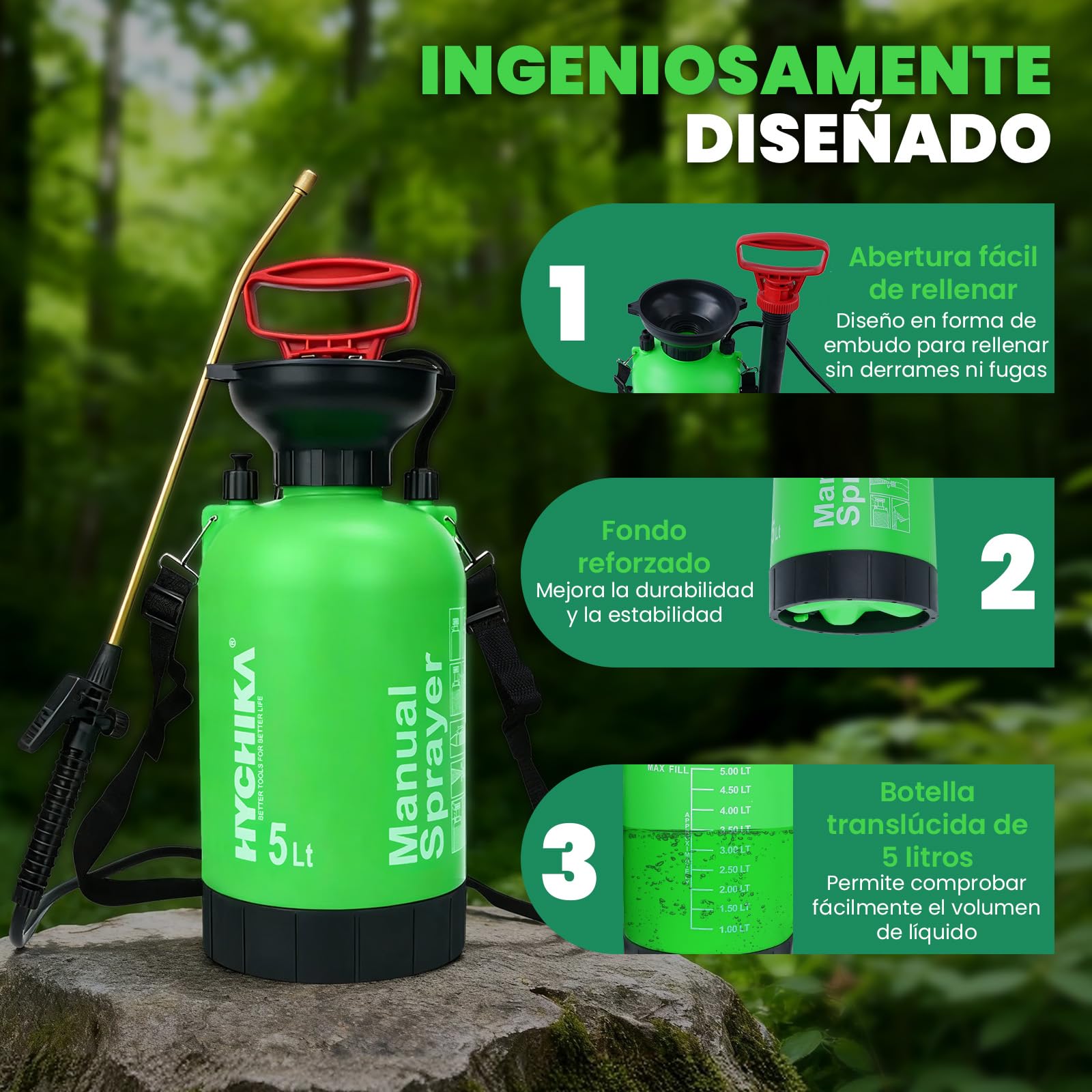 HYCHIKA Pulverizador a Presión 5L, Sulfatadora Manual 5 litros, Mochila Fumigadora Pulverizador Plantas, Lanza de Acero Inoxidable, Boquillas Regulables, para Riego de Plantas y Cuidado del Jardín