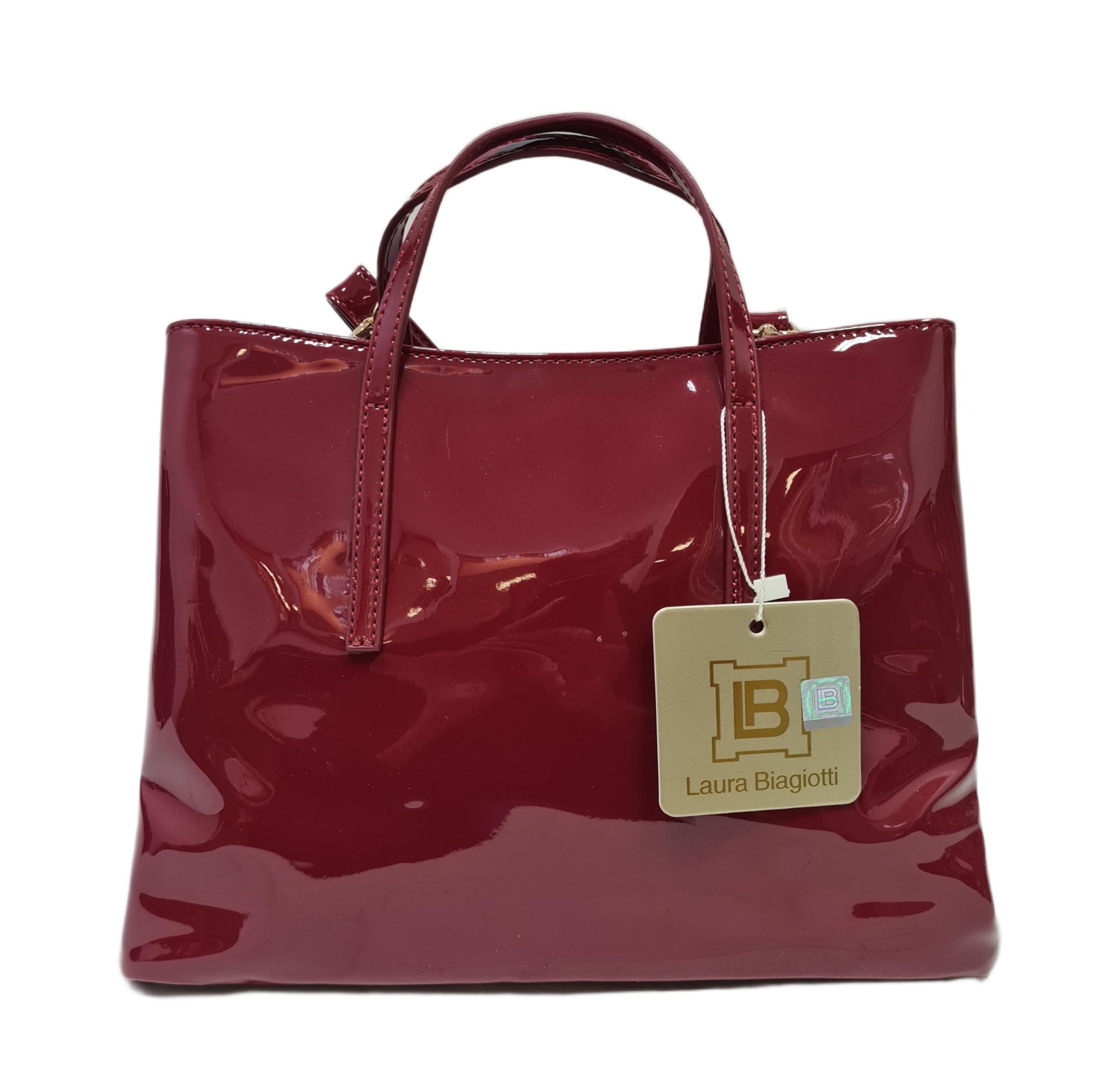 Laura Biagiotti Borsa Donna Linea Arcade, Pelle Sintetica Verniciata, Stampa LB, Manici Doppi e Tracolla Rimovibile, Dimensioni 30x12x22 cm, Accessori Oro ART.LB25W-250-1
