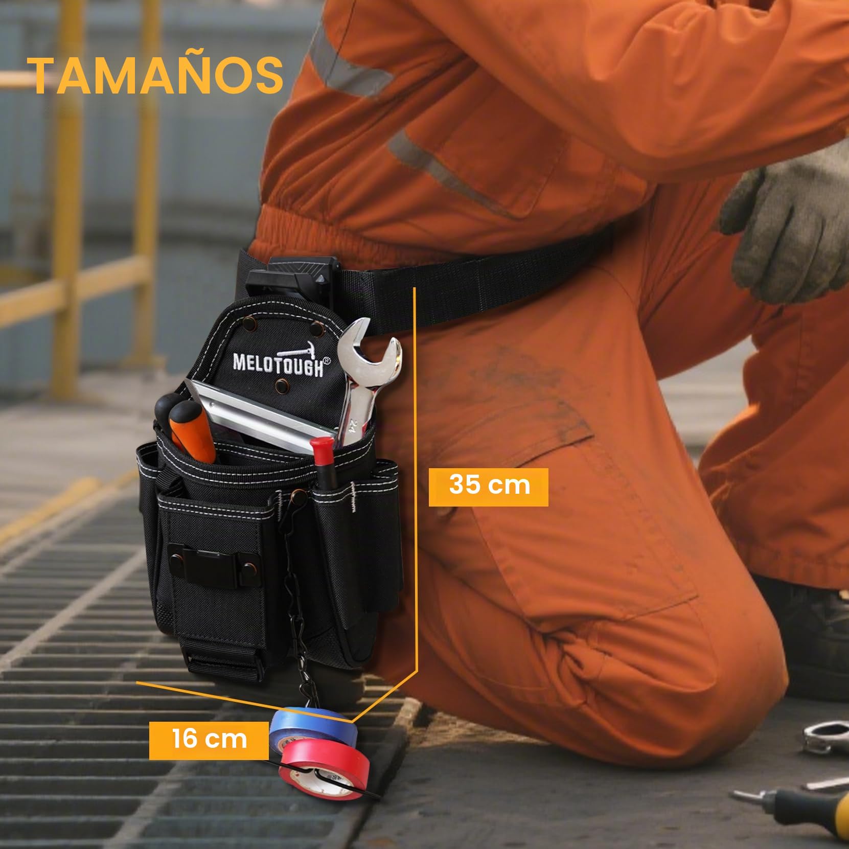 MELOTOUGH Bolsa de herramientas para electricista profesional para cinturón con clip de cinturón 9 bolsillos bolsa de herramientas artesanales con cinta adhesiva funda de cuerda