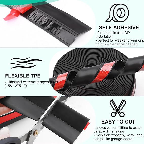 Garage Door Seal Top and Sides - Jobon 40FT TPE Garage Door Weather Stripping Sides Seal Replacement Kit, Block Rodents Drafts Rain Dust, Easy DIY Installation for Homeowners, Black
