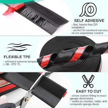 Garage Door Seal Top and Sides - Jobon 40FT TPE Garage Door Weather Stripping Sides Seal Replacement Kit, Block Rodents Drafts Rain Dust, Easy DIY Installation for Homeowners, Black