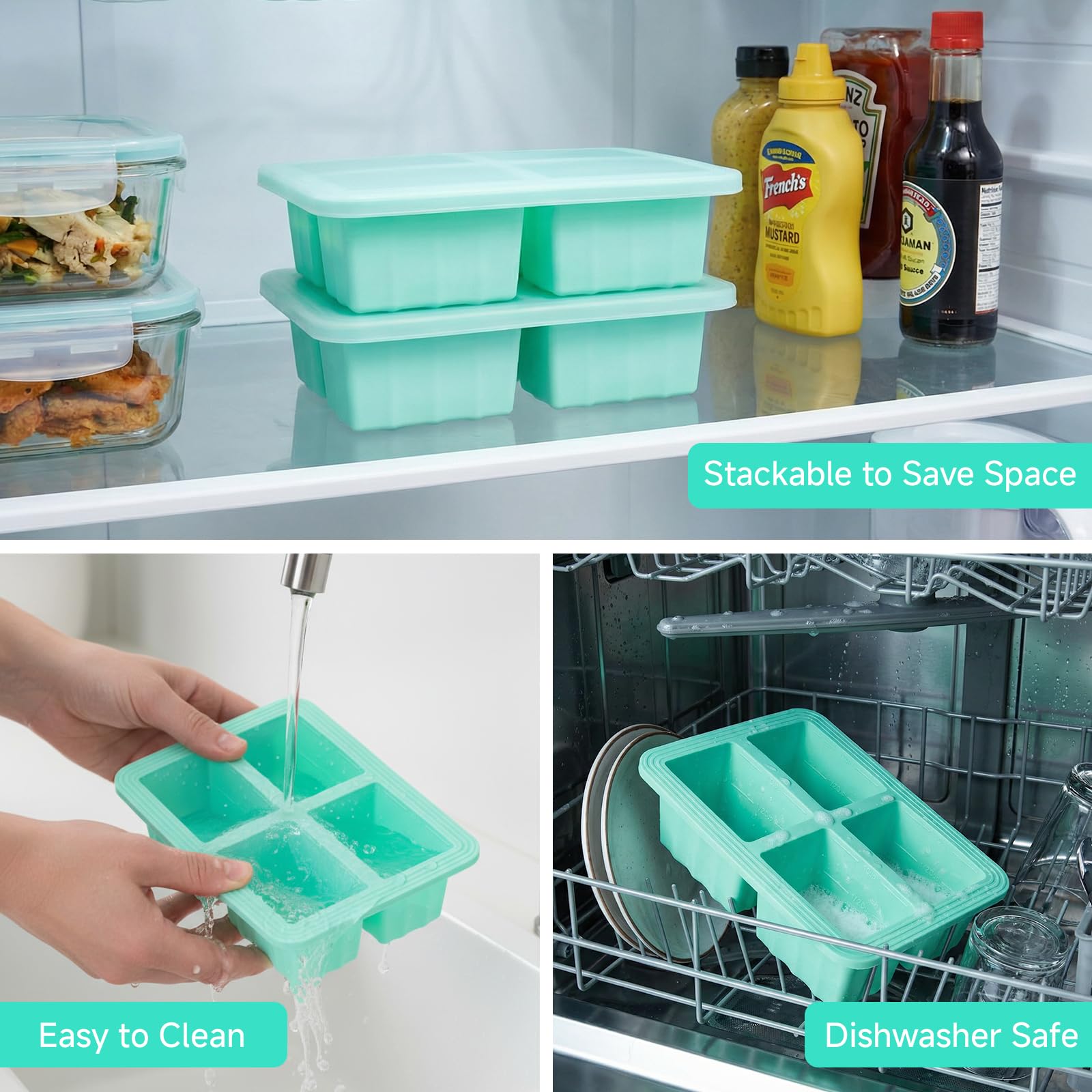 Contenitori Congelatore Silicone con Coperchio 4x250ml Stampo Porzioni Impilabili Senza BPA (Verde)