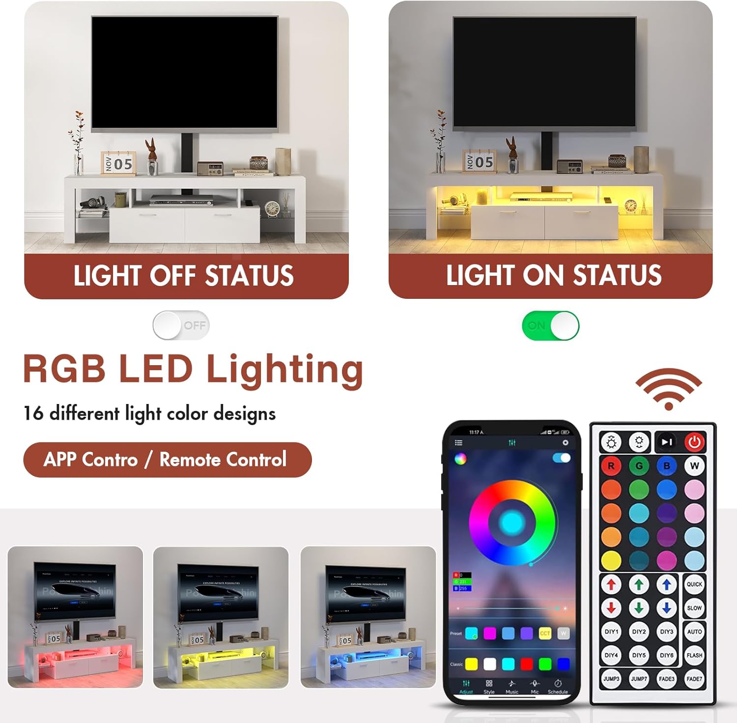 Redkey TV-Stand with Mount - Modern TV Stand with 2AC Outlets - Television Stands with RGB Led Light for 75 Inch TVs - Double Cabinet - 40°Adjustable Amplitude - White