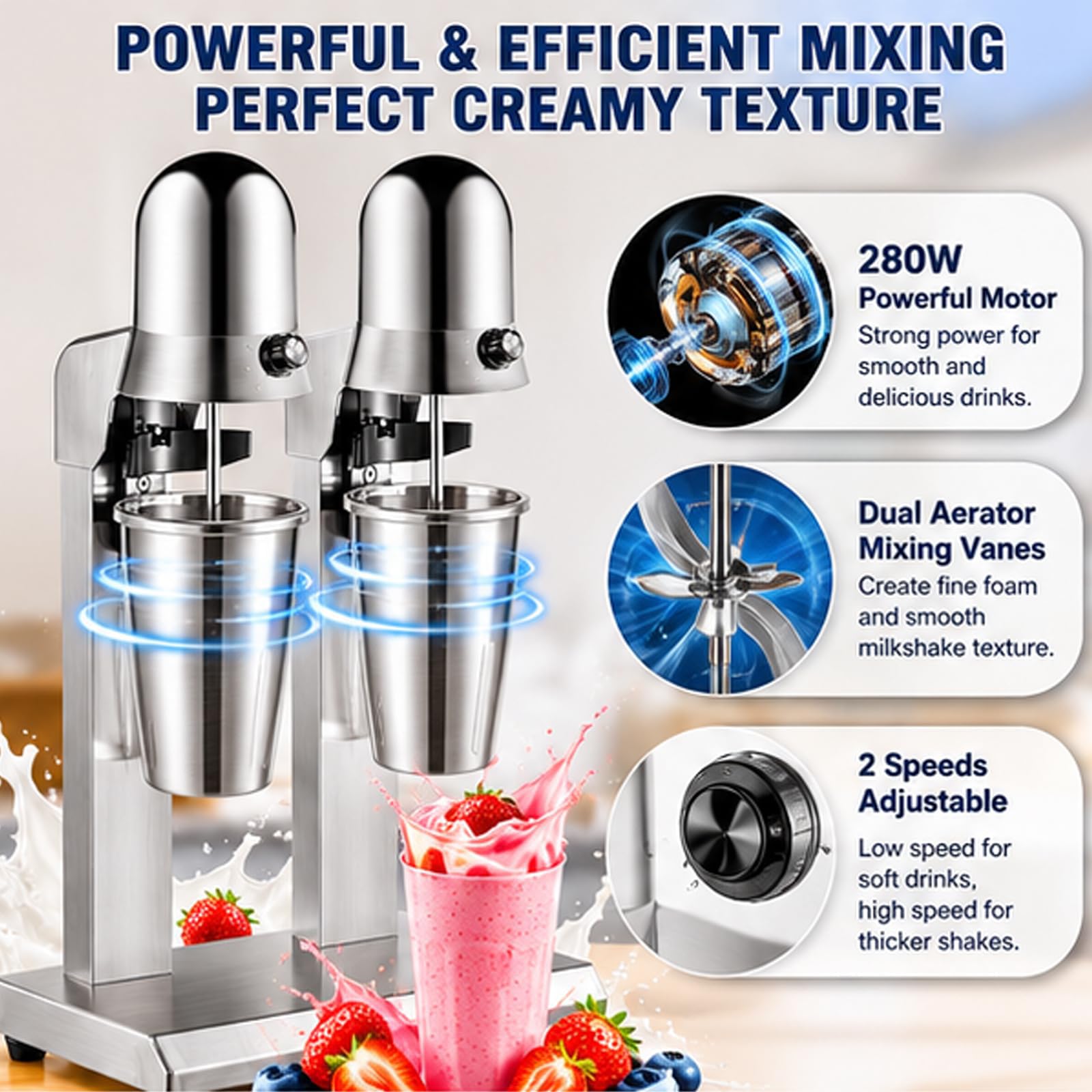 Mikser do koktajli mlecznych z podwójnymi kubkami ze stali nierdzewnej 800 ml, automatyczny blender z podwójną głowicą do smoothie, frappe, koktajli